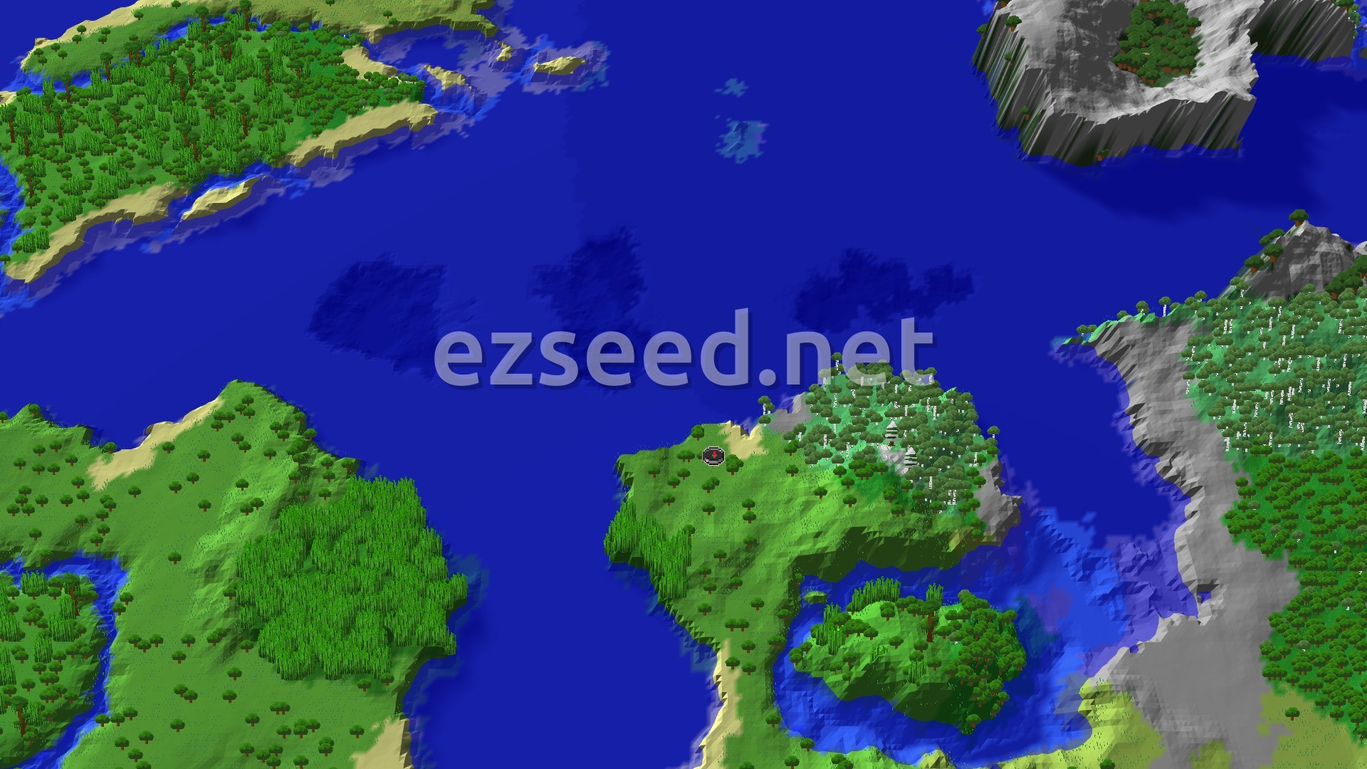 Aerial Minecraft seed map — Spawn Near a Bamboo Jungle and Multiple Ocean Biomes