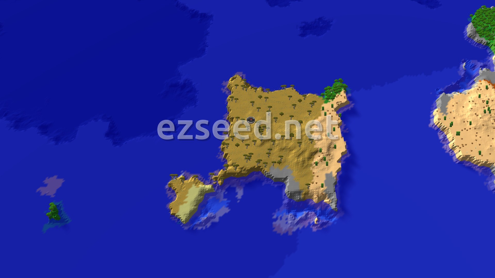 Aerial Minecraft seed map — Savanna Spawn with Distant Ancient City and Jungles