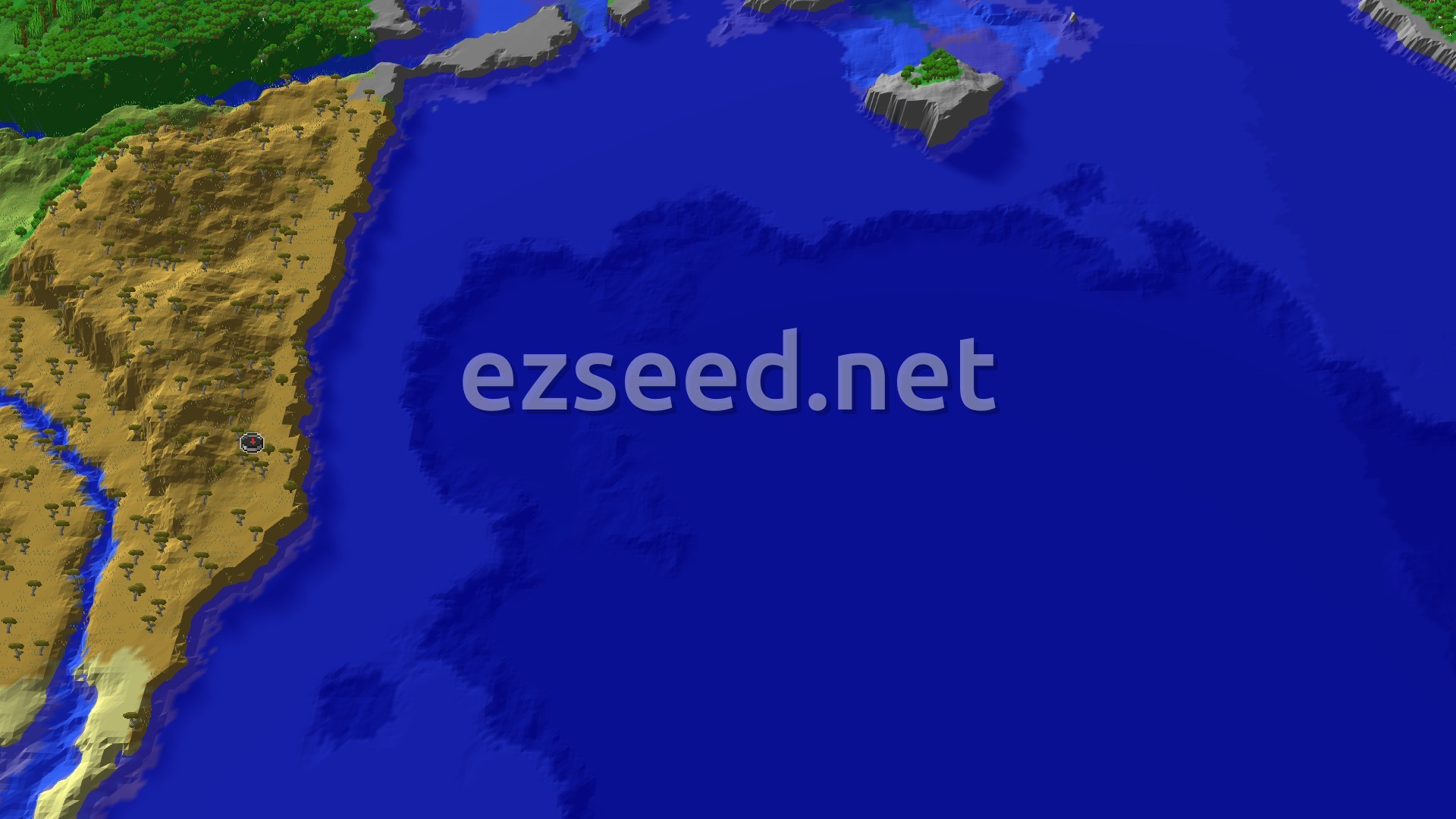 A 3D fly-over rendering of a Minecraft world, showing a large savanna biome with scattered acacia trees, bordered by an ocean to the east. A small spawn marker is visible near the center of the savanna, with a river running through the biome.