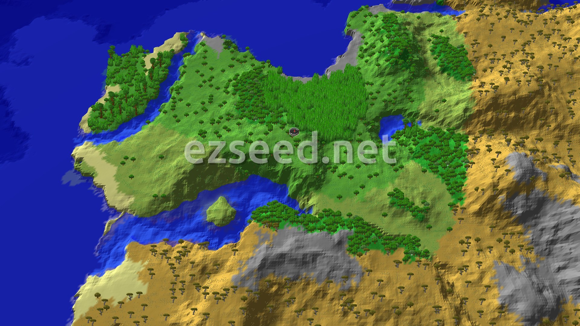 Aerial Minecraft seed map — A Jungle Spawn with Nearby Savanna and Peaks