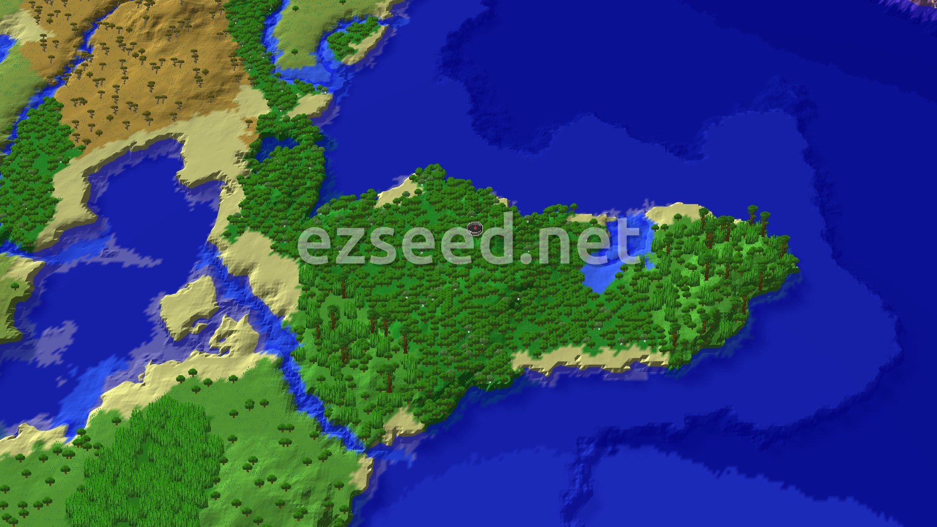 An overhead 3D view of a large, mostly forested island surrounded by ocean, with sandy beaches and a small spawn marker near the center.