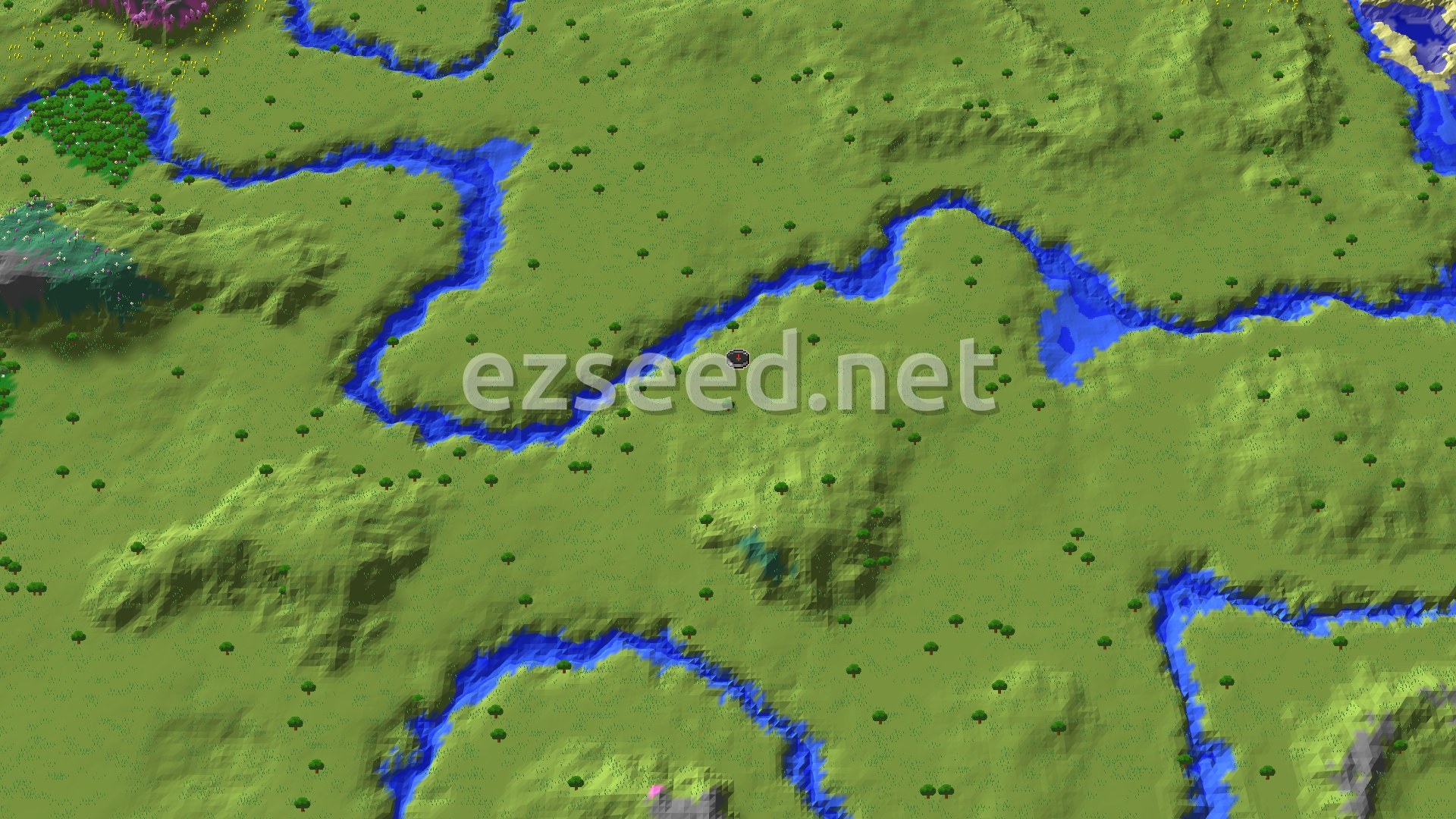Aerial Minecraft seed map — Pillager Outpost Near Spawn, Deep Dripstone Caves