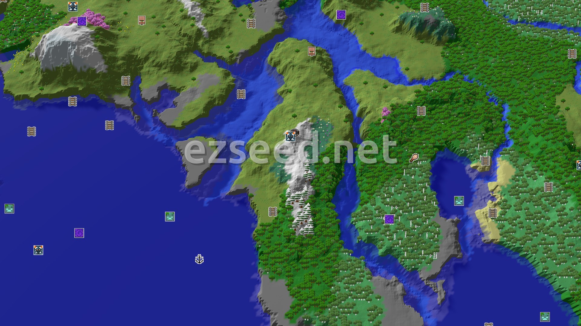 Aerial Minecraft seed map — Trial Chambers and Cherry Blossoms Near Spawn