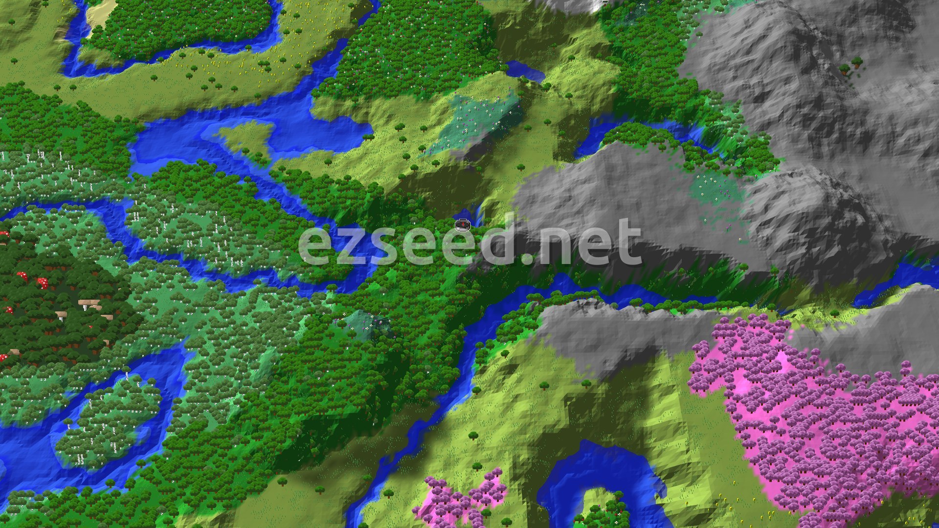 Aerial Minecraft seed map — Cherry Grove Near Spawn with Accessible Ancient City
