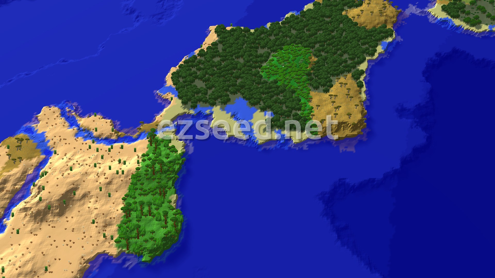 An aerial view of a large desert island, with a significant jungle biome across a narrow channel, all surrounded by warm ocean.