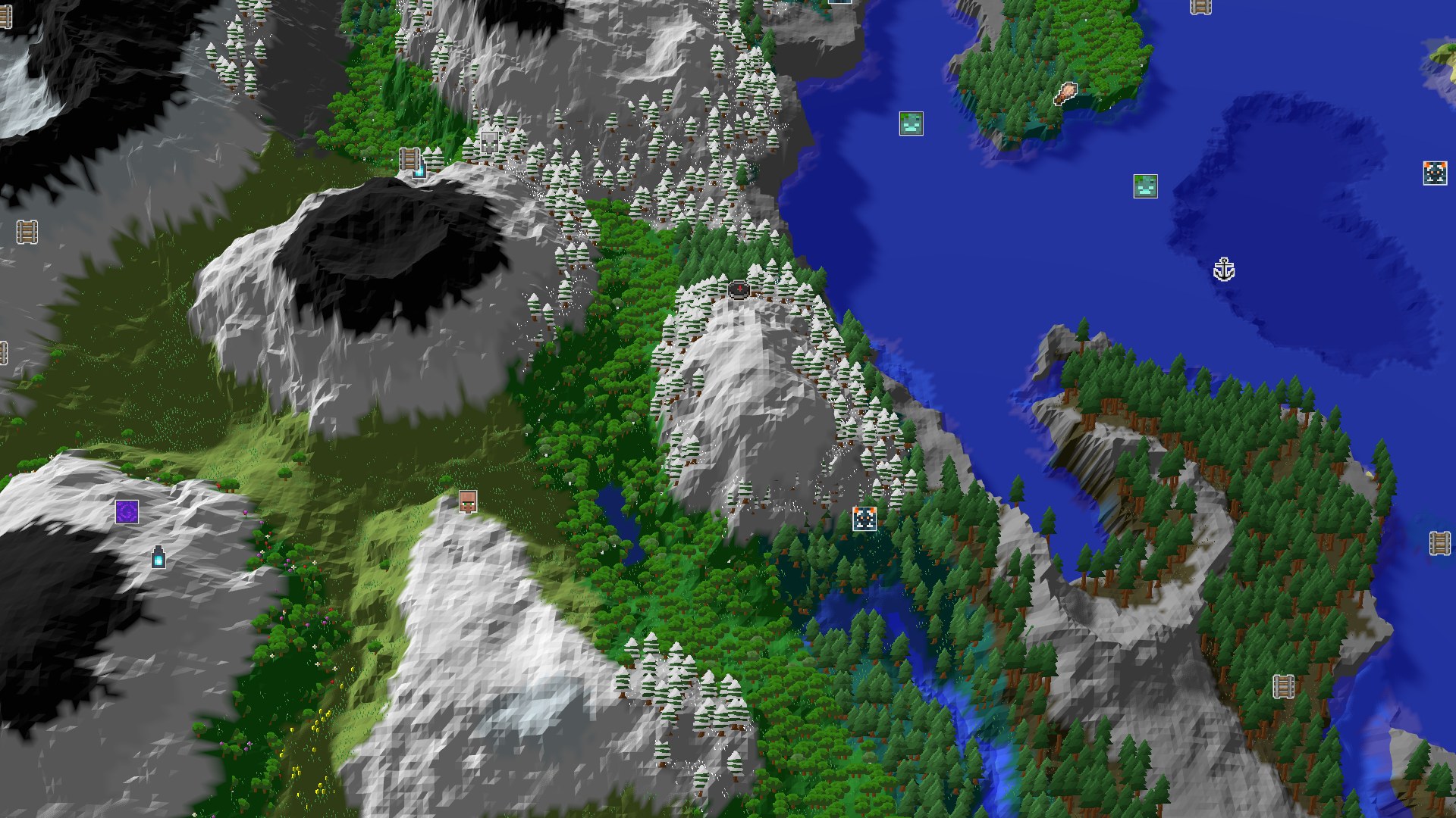 A bird's eye view of a mountainous, snowy, and forested landscape with a body of water to the east. A spawn marker is at the center of the image.