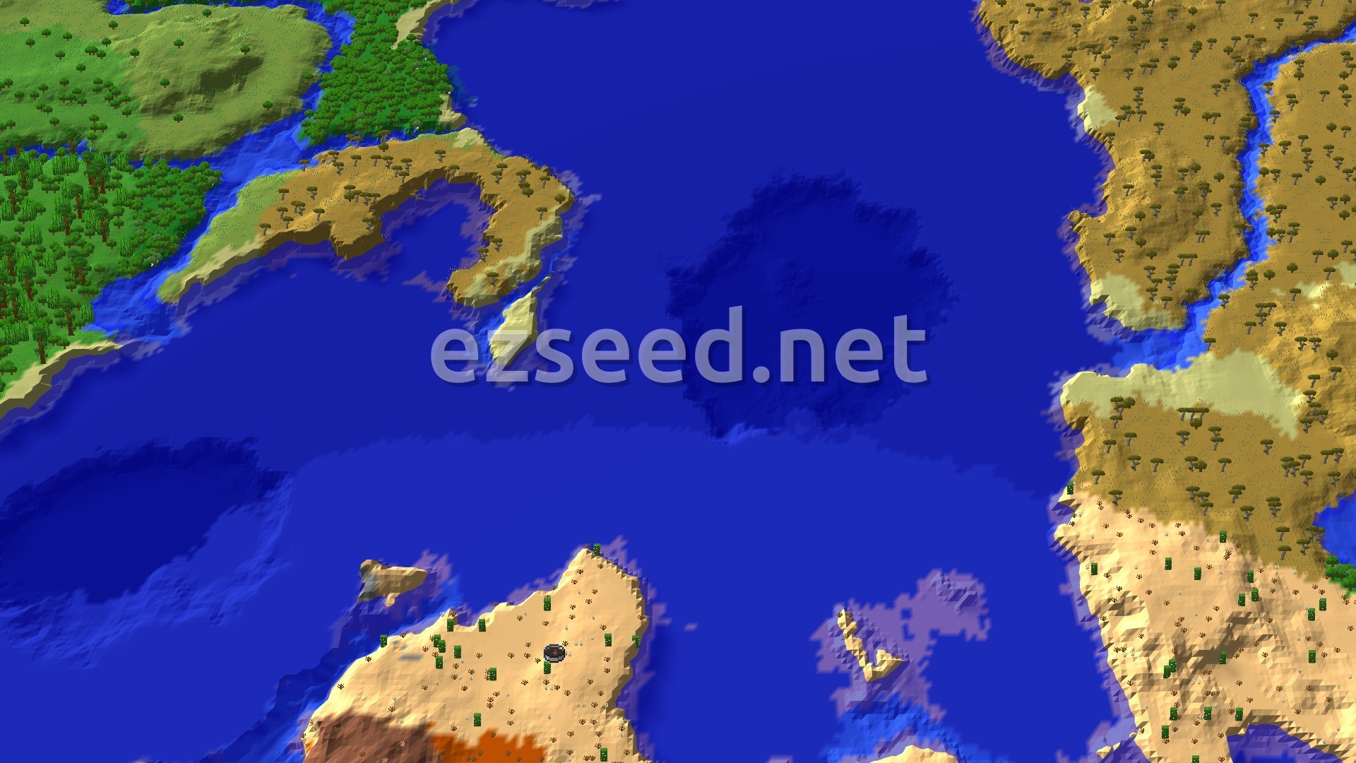 An aerial view of a large blue ocean surrounded by desert, savanna, and forest biomes, with a small spawn marker in the desert.