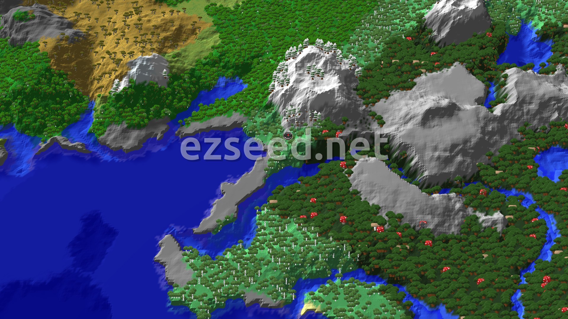 An aerial view of a varied landscape, featuring a dense birch forest, a snow-capped jagged peak, and a dark forest, with oceans and rivers weaving through the terrain. A small spawn marker sits near the center.