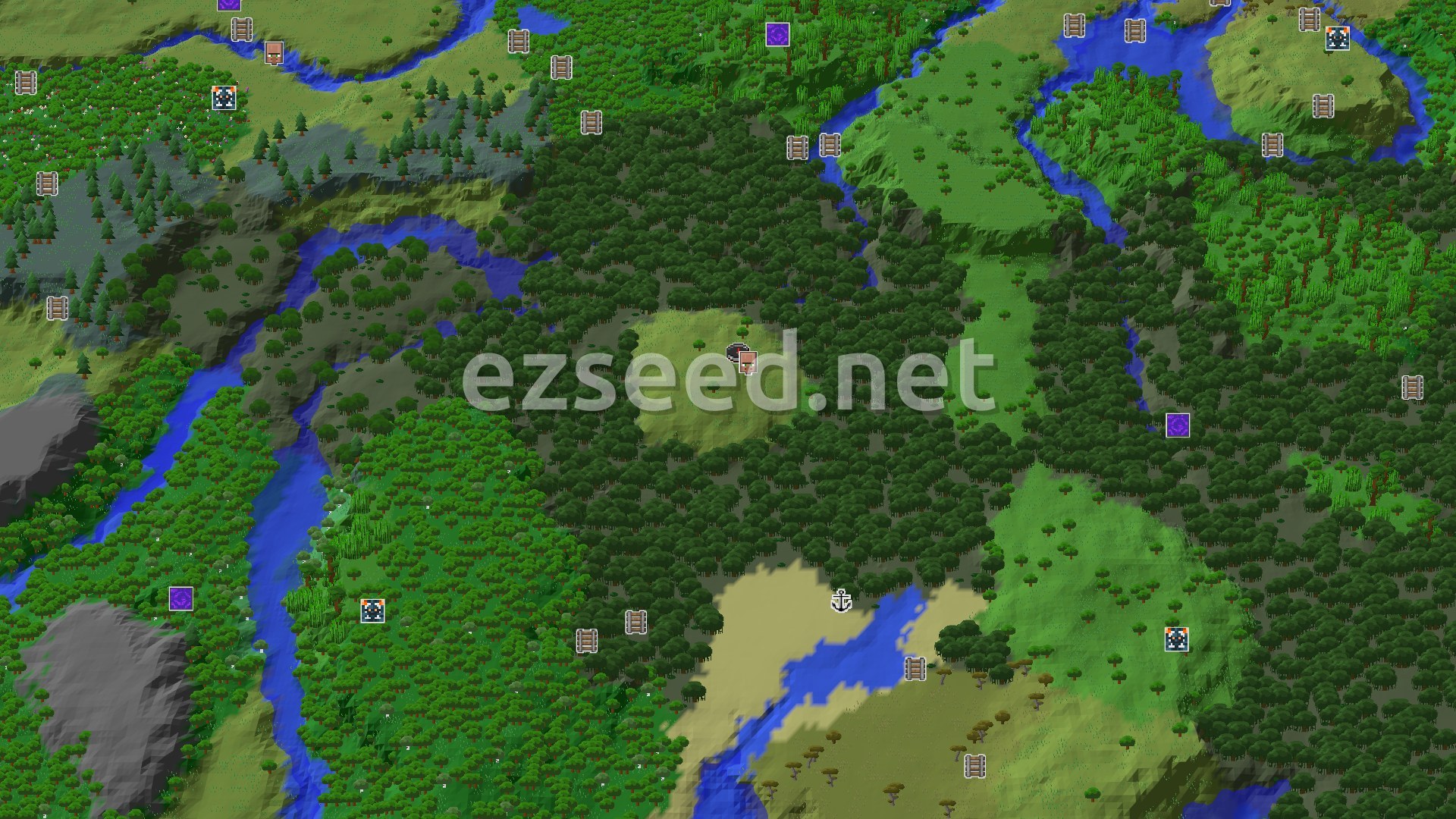 Aerial Minecraft seed map — A Village and Mangrove Swamp Spawn with Nearby Jungle