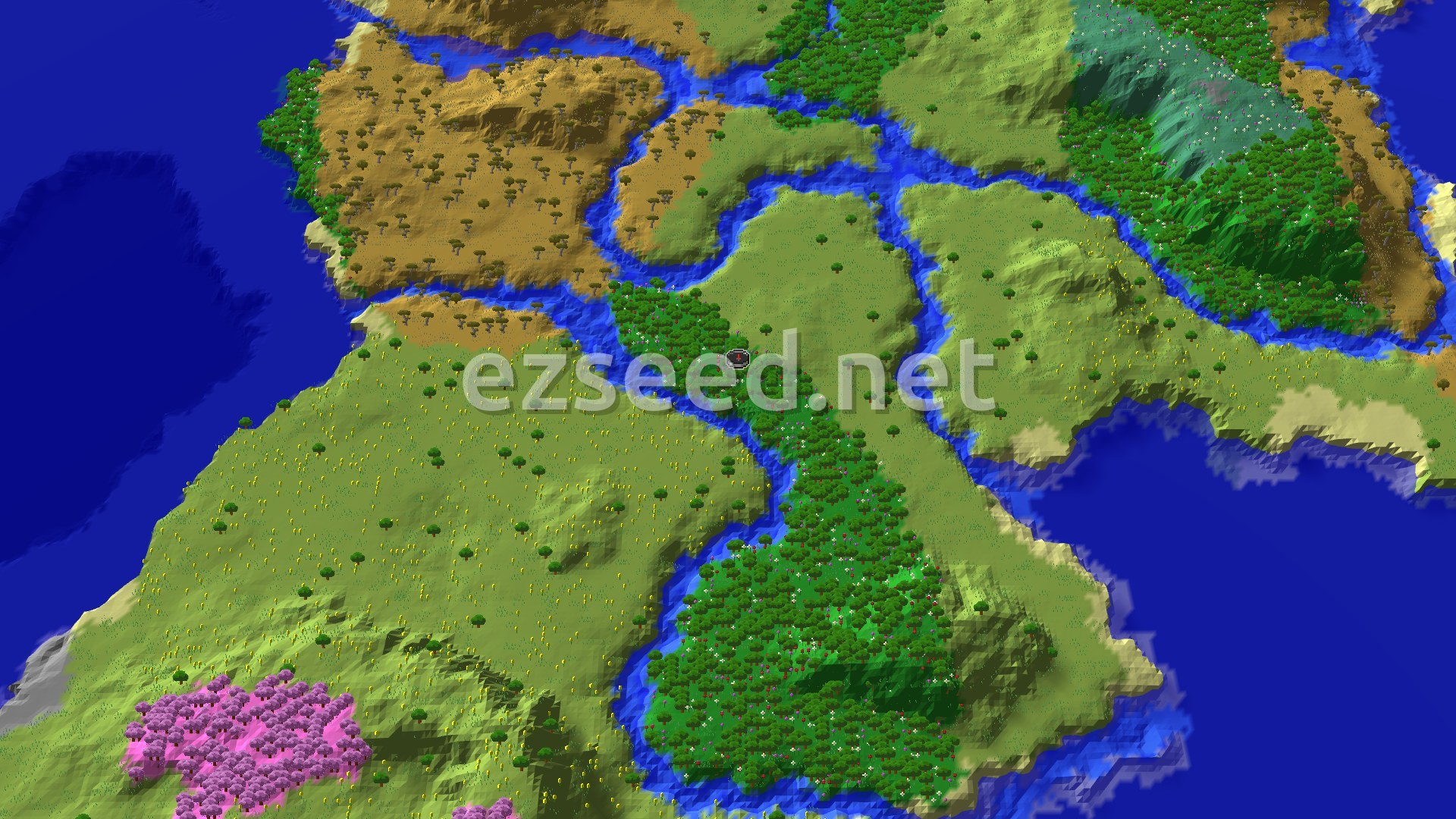 Aerial Minecraft seed map — Flower Forest Spawn with Nearby Village and Trial Chambers