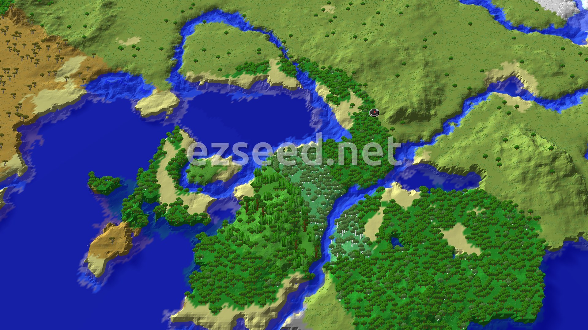 A 3D fly-over of a varied landscape, featuring a large forest, a river, and a wide ocean with some scattered islands. A small red marker indicates the spawn point within the forest.