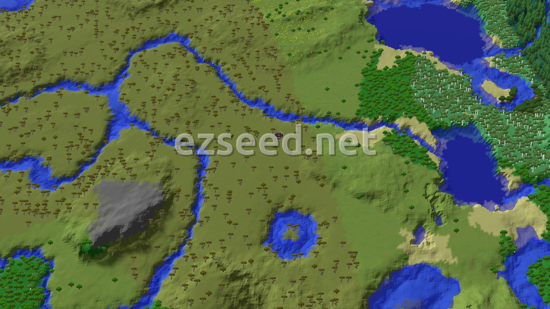 Aerial Minecraft seed map — Savanna Spawn with a Close Village and Mineshaft