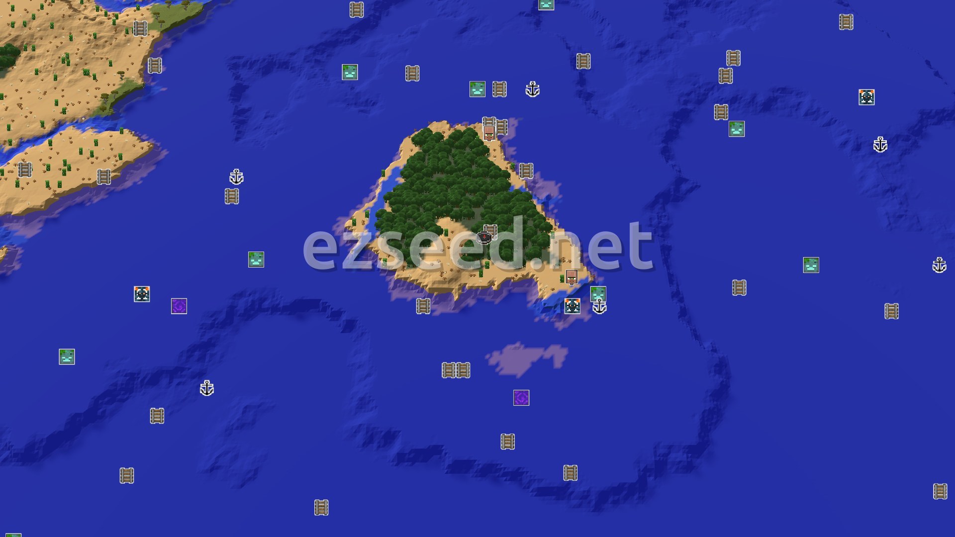 Aerial Minecraft seed map — Island Spawn with Close Underground Riches