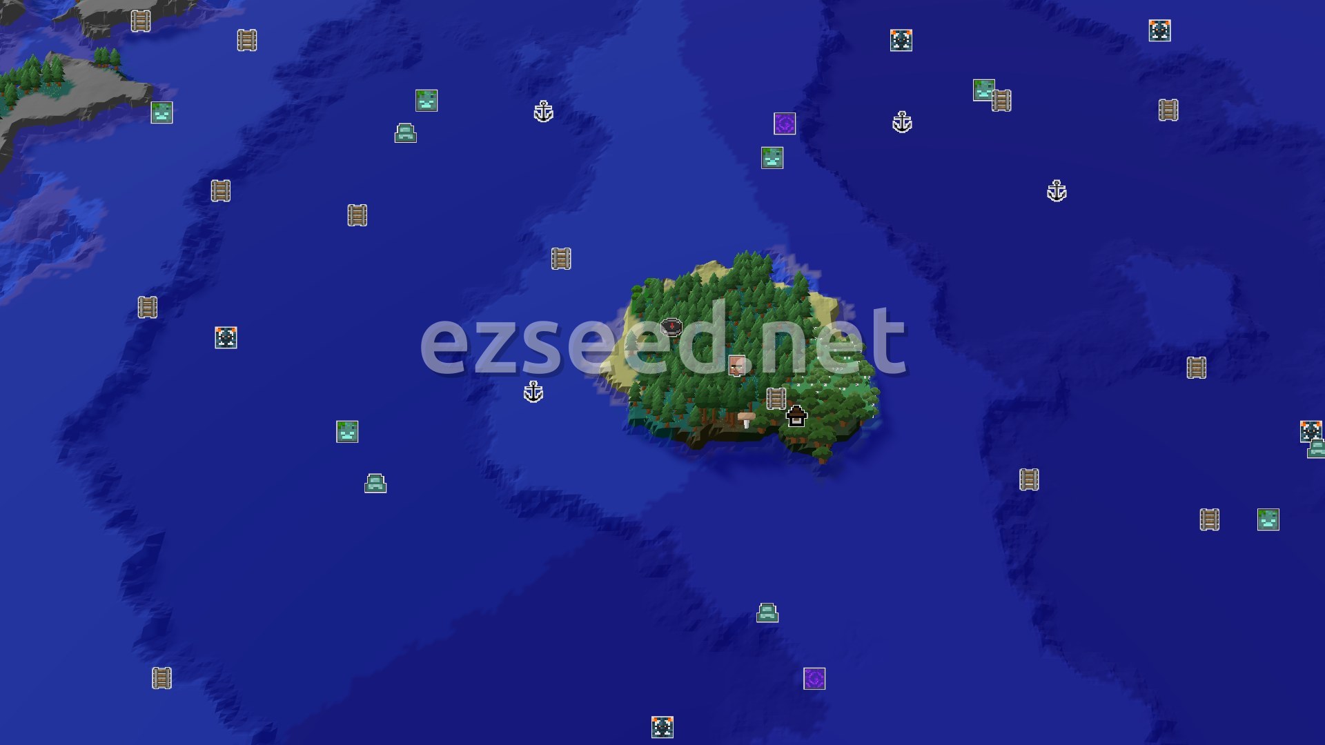 Aerial Minecraft seed map — Island Spawn with a Close Woodland Mansion and Ocean Features