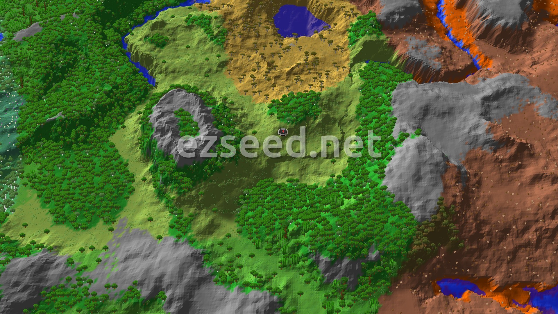 A bird's eye view of a varied landscape, featuring green forests, lighter plains, some savanna with acacia trees, and a small lake, all surrounded by mountains, with a distinct badlands area to the east.