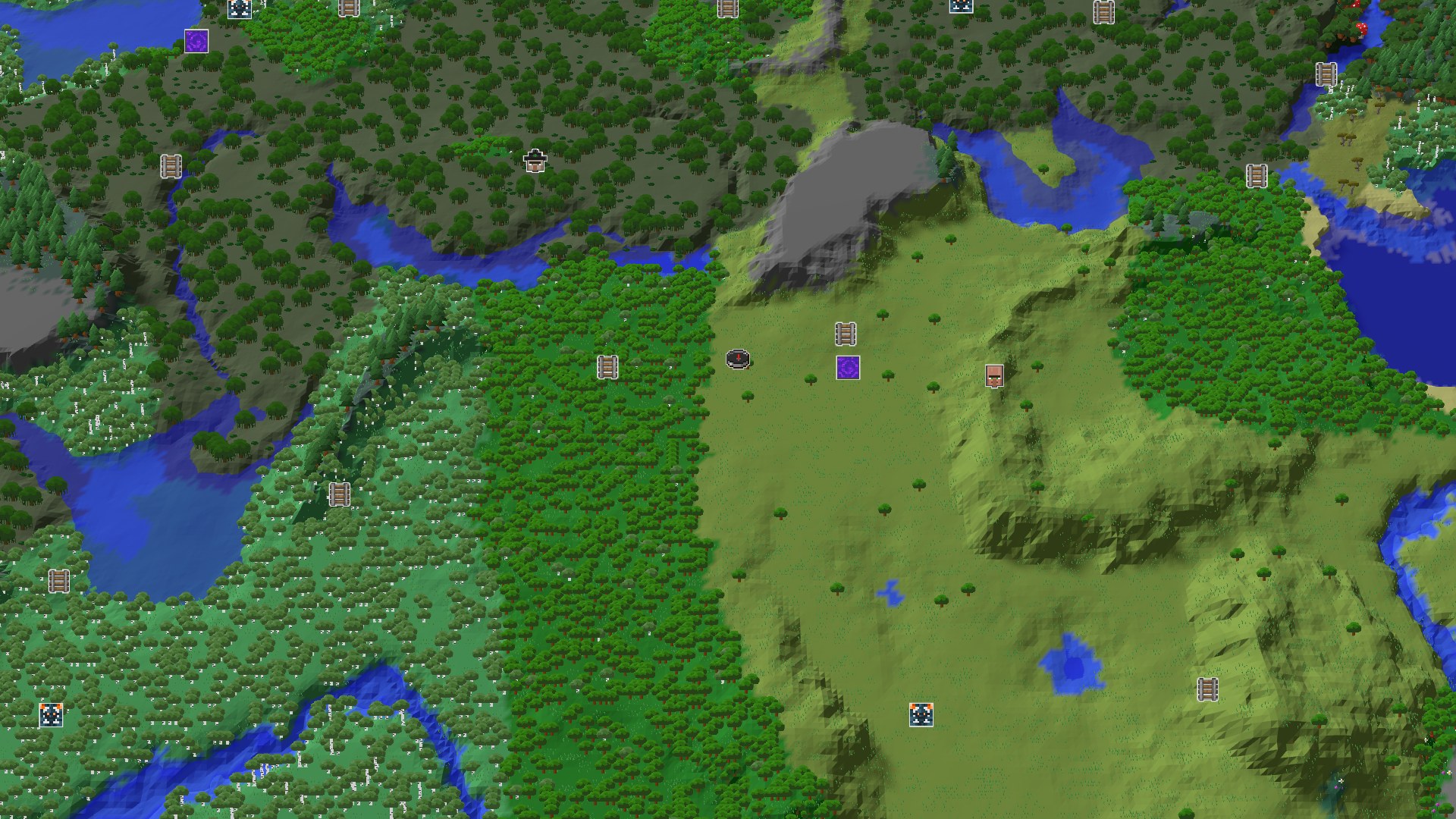 An aerial view of a mostly flat Plains biome, dotted with sparse trees and small hills, with a larger forest to the west and a river running through it.
