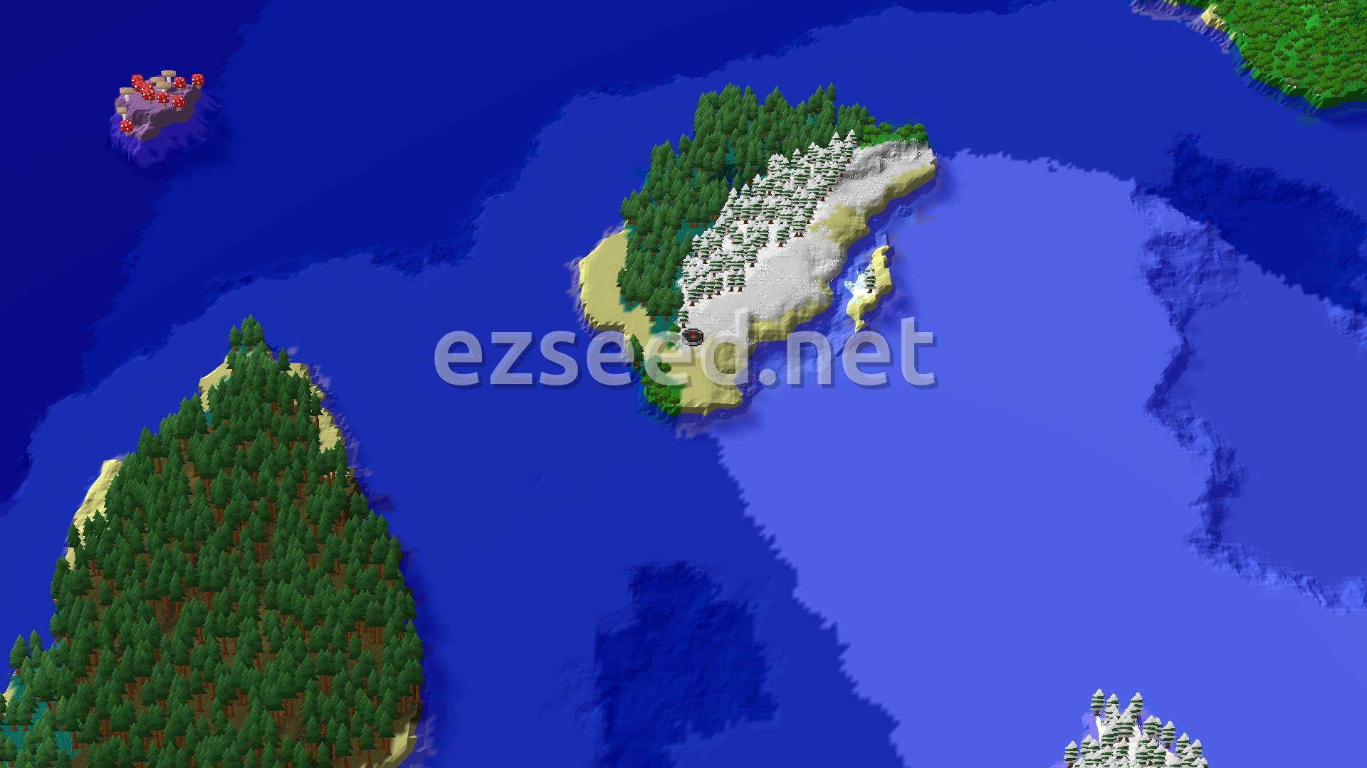 Aerial Minecraft seed map — Spawn on a Mushroom Fields Island in an Icy Ocean