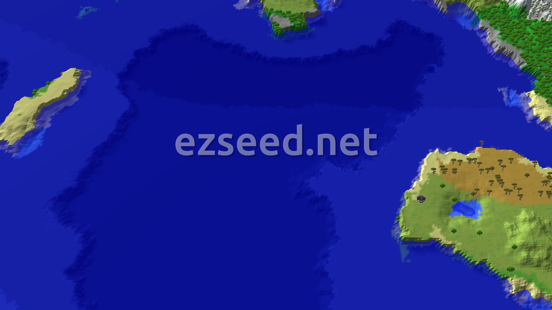 Aerial Minecraft seed map — Savanna and Ocean Shores with a Nearby Village