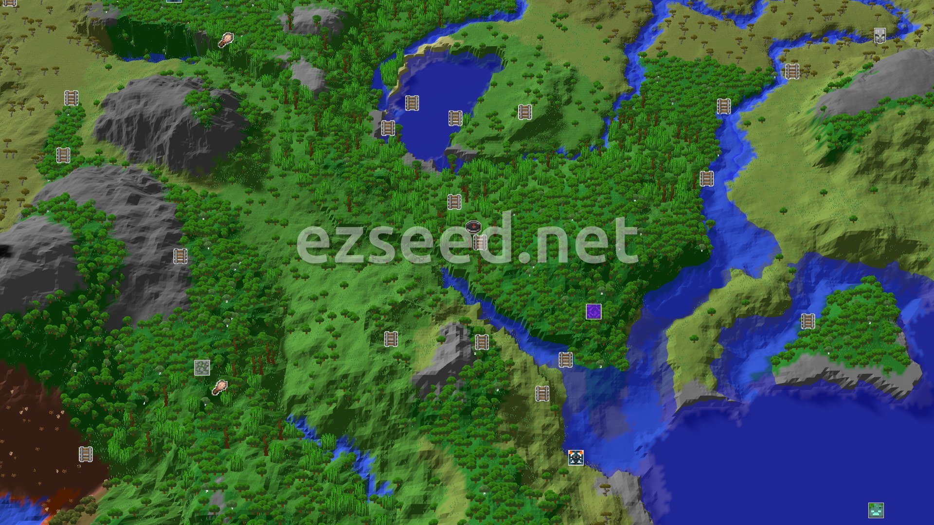 Aerial Minecraft seed map — Jungle Spawn with Quick Access to Underground Loot