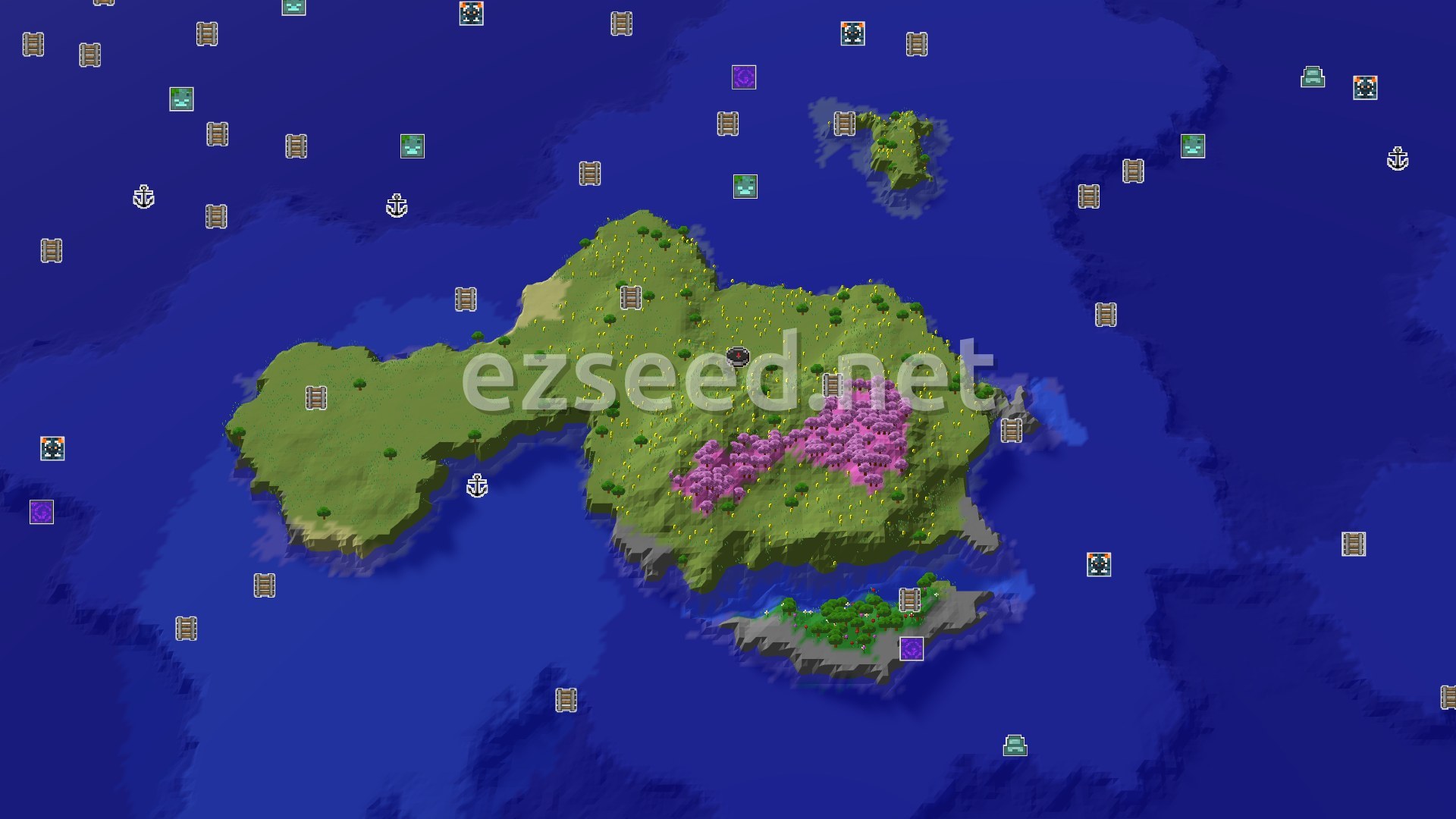 Aerial Minecraft seed map — Spawn in Sunflowers, Find a Cherry Grove Nearby