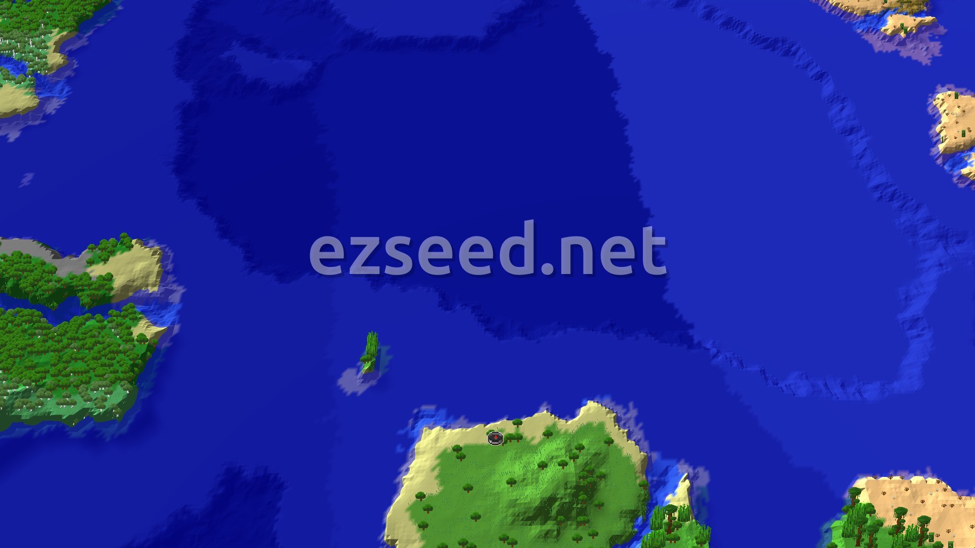 An aerial view of a small, green island with some trees in a vast blue ocean. A tiny spawn marker sits on the island. Other landmasses are visible in the distance.