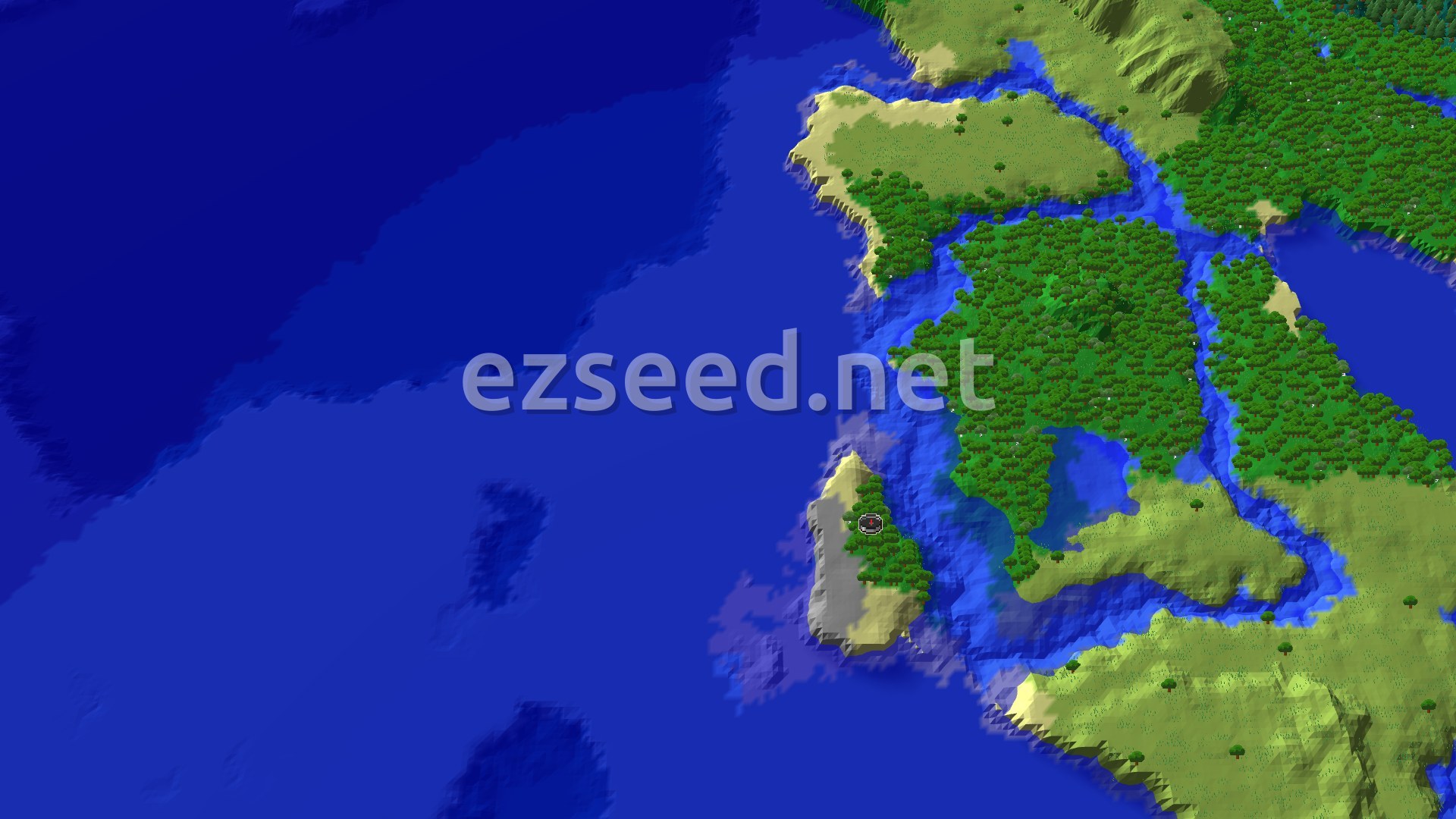 Aerial Minecraft seed map — A Coastal Forest Start with a Distant Zombie Village