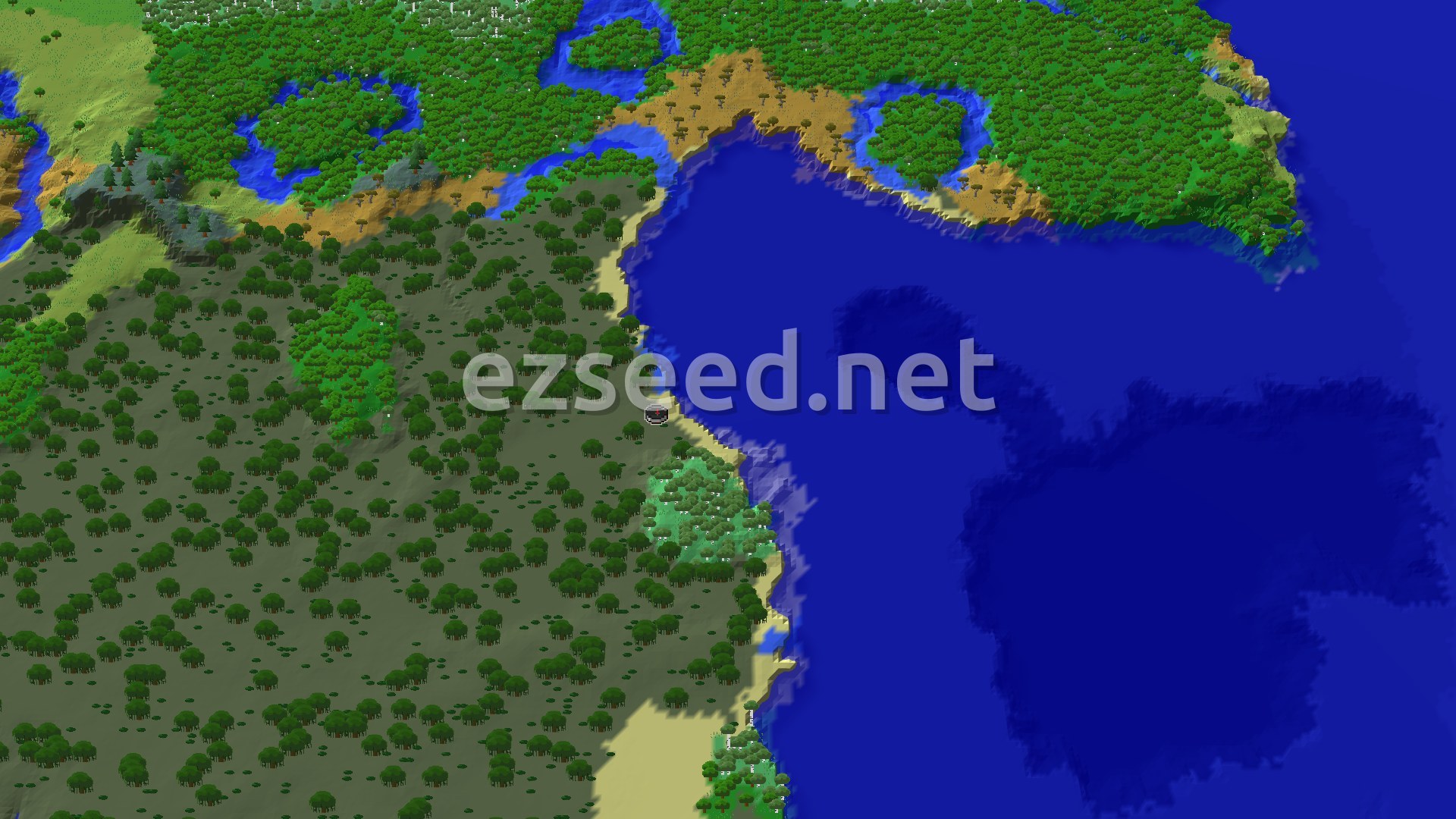 An overhead 3D view shows a vast, dark green swamp biome with many trees at the center, flanked by a lighter green forest and a large blue ocean to the east. A small spawn marker sits near the coast.