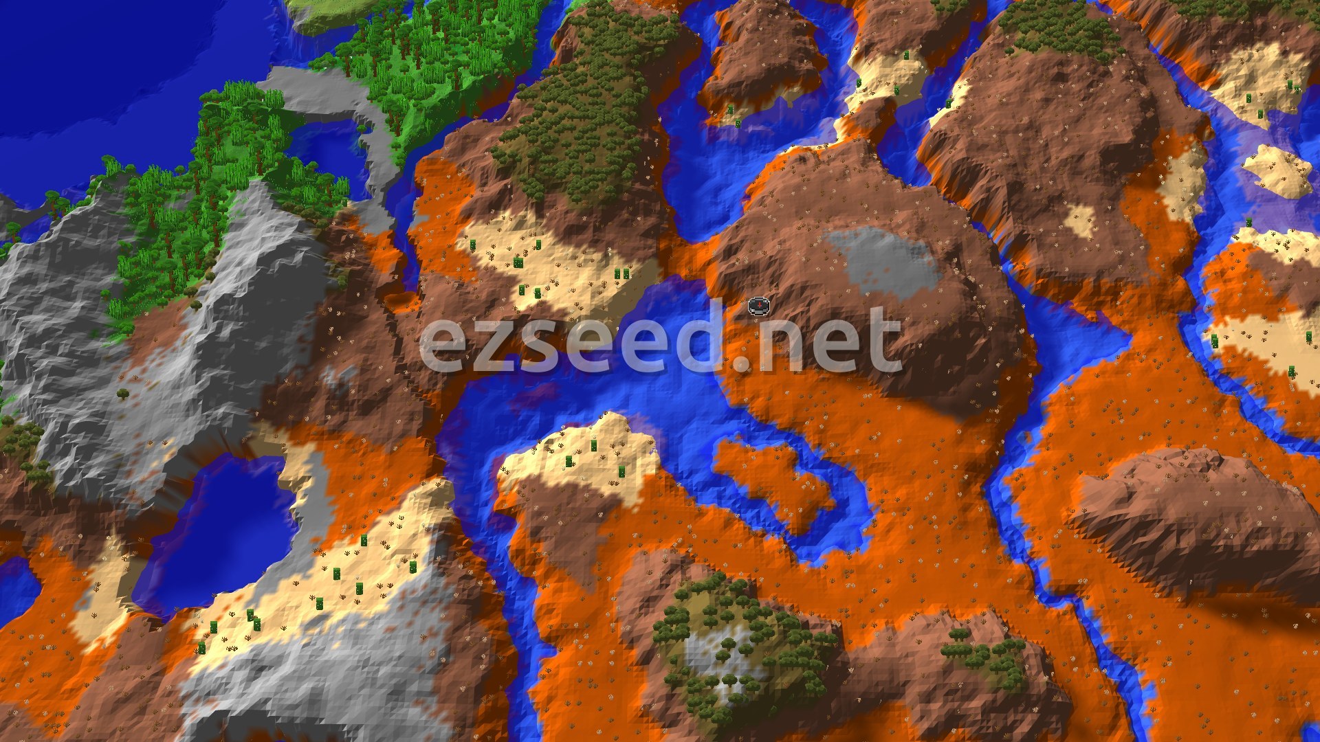 An overhead view of varied terrain, showing orange and brown badlands, sandy deserts, and green jungle biomes, cut through by rivers and small bodies of water. A small spawn marker is visible near the center.