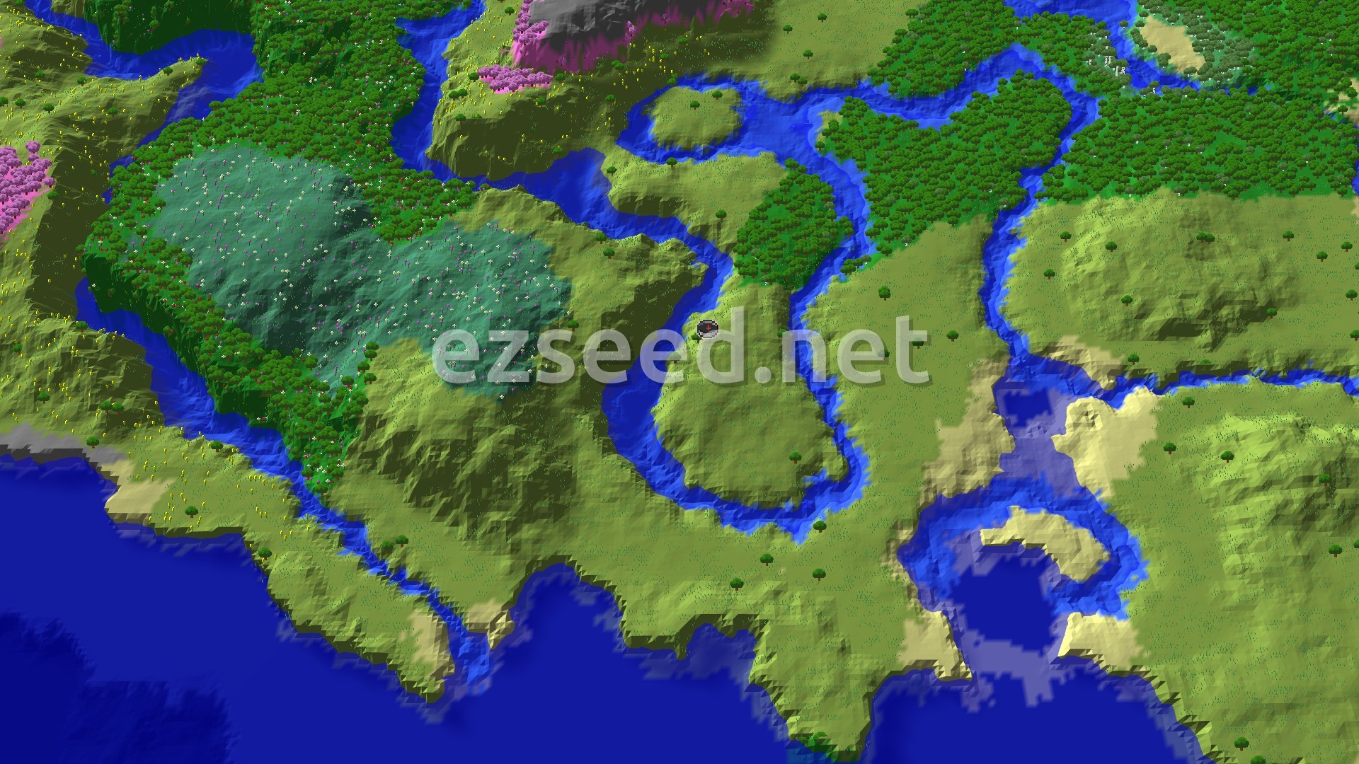 Aerial Minecraft seed map — Plains Spawn with Nearby Trial Chambers and Village