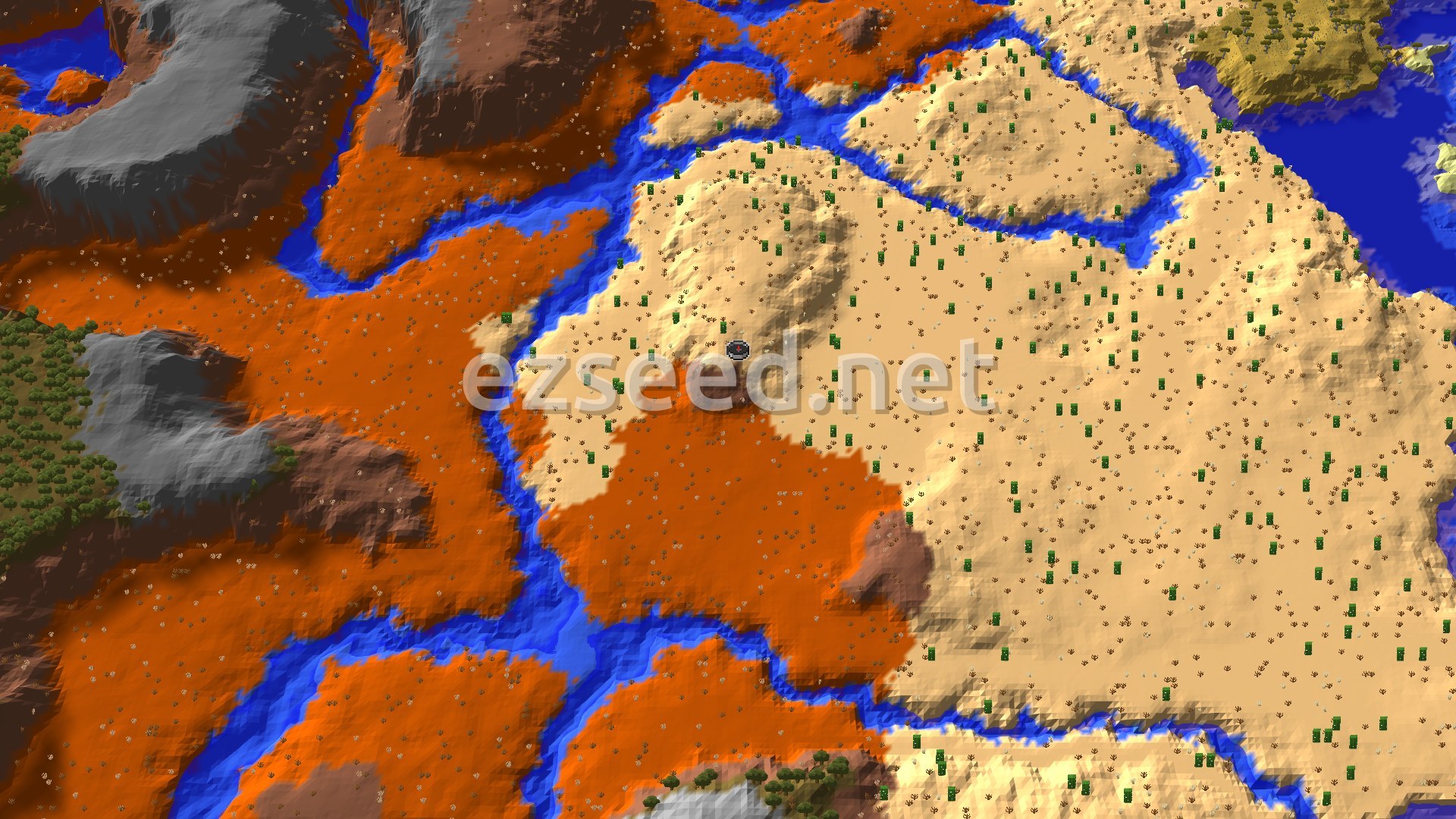 Aerial Minecraft seed map — Wooded Badlands Spawn with Nearby Ancient City