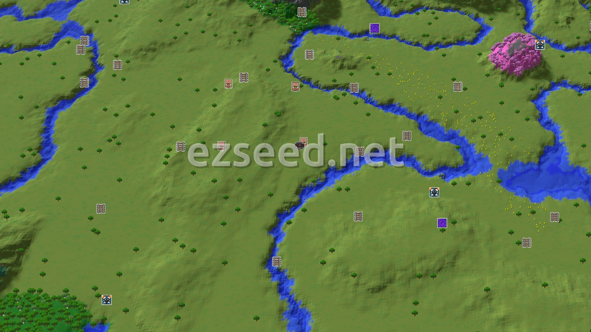 Aerial Minecraft seed map — Spawn in a Plains, Village Just 11 Blocks Away