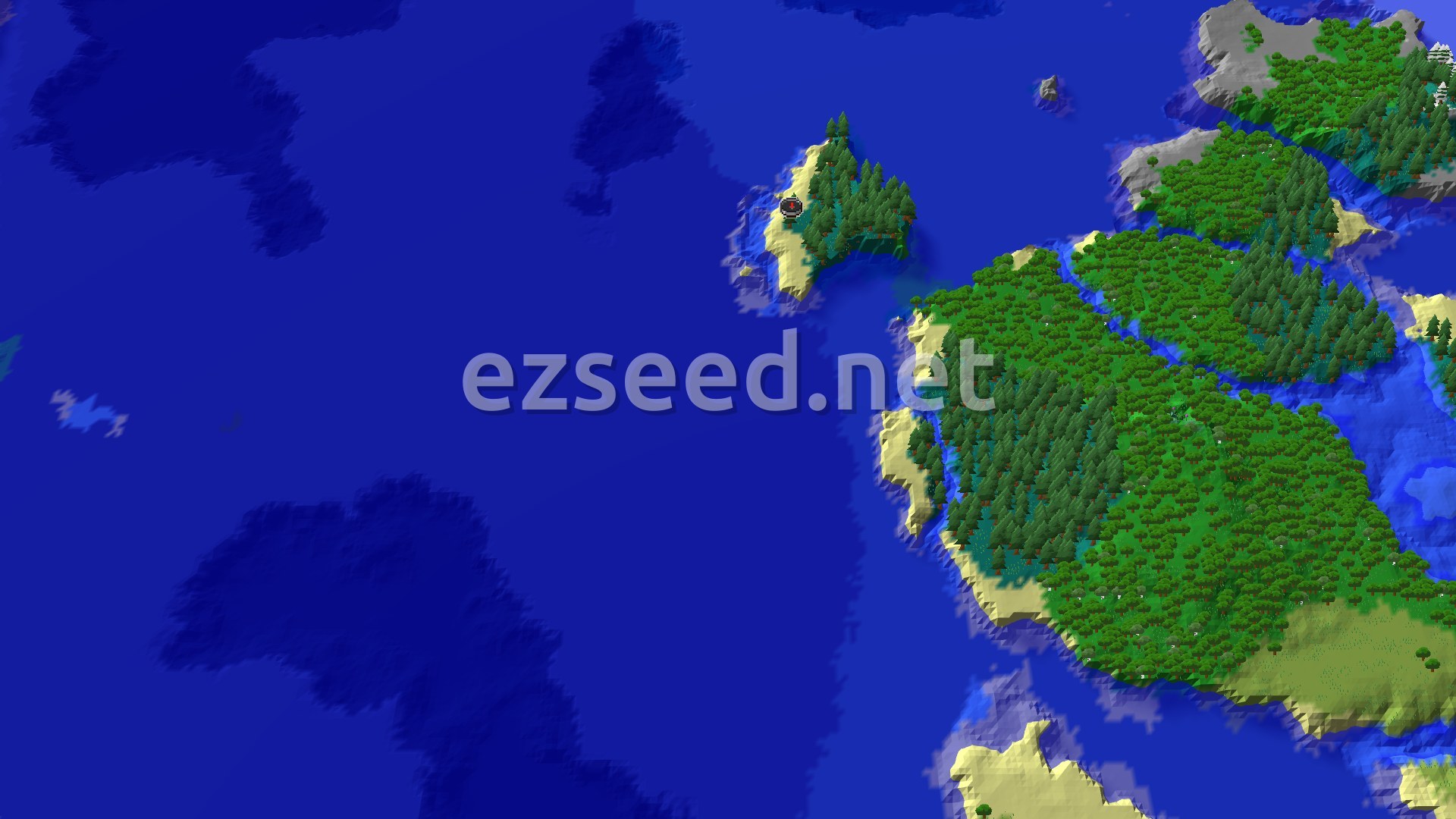 Aerial Minecraft seed map — Taiga Island Spawn with a Nearby Mineshaft