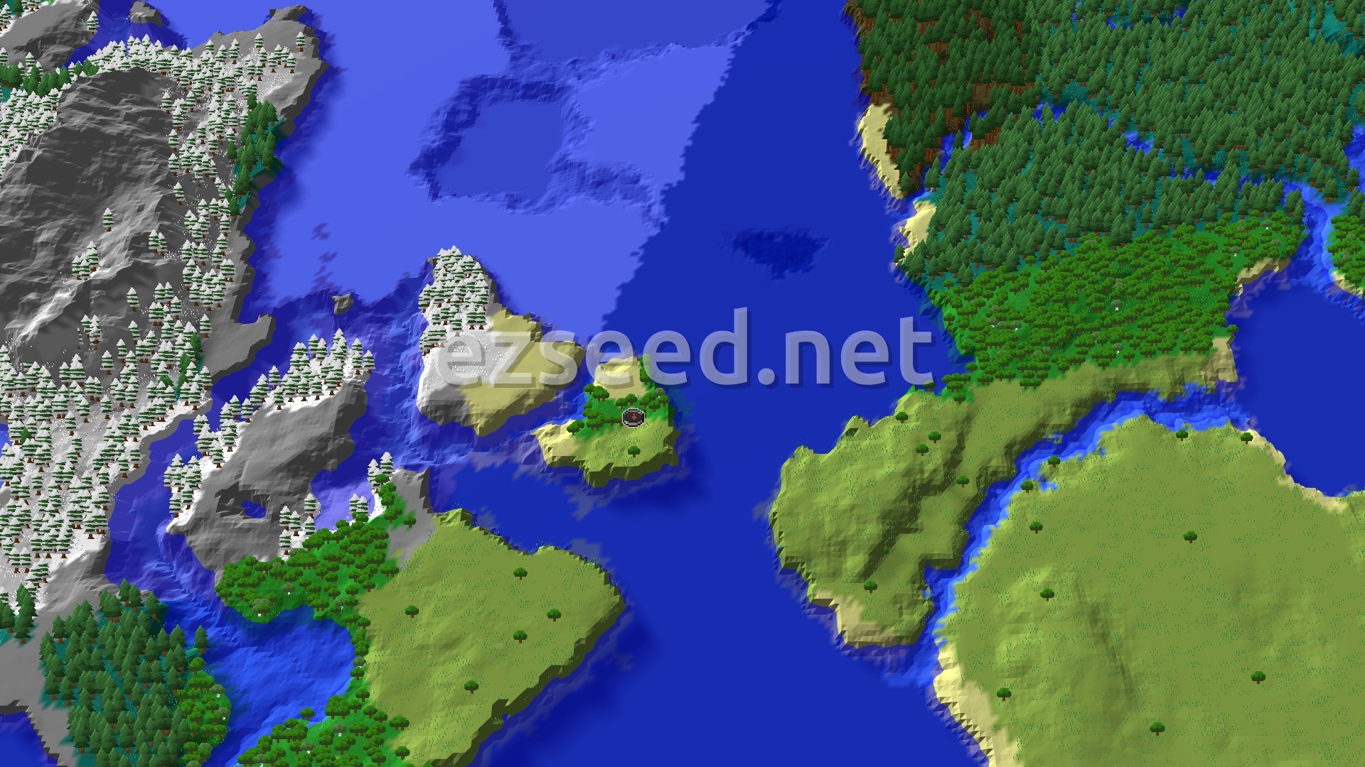 Aerial Minecraft seed map — A Cold Ocean and Snowy Shores Start for Java 26+