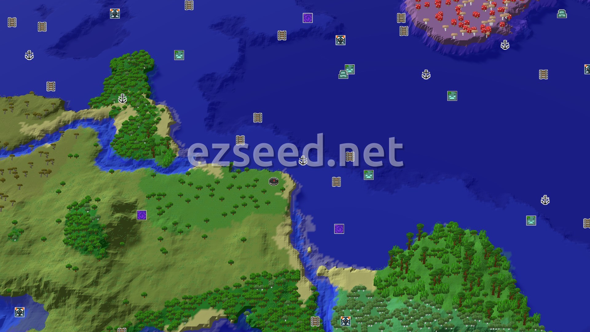 Aerial Minecraft seed map — Spawn in Sparse Jungle with a Mushroom Fields Island Nearby