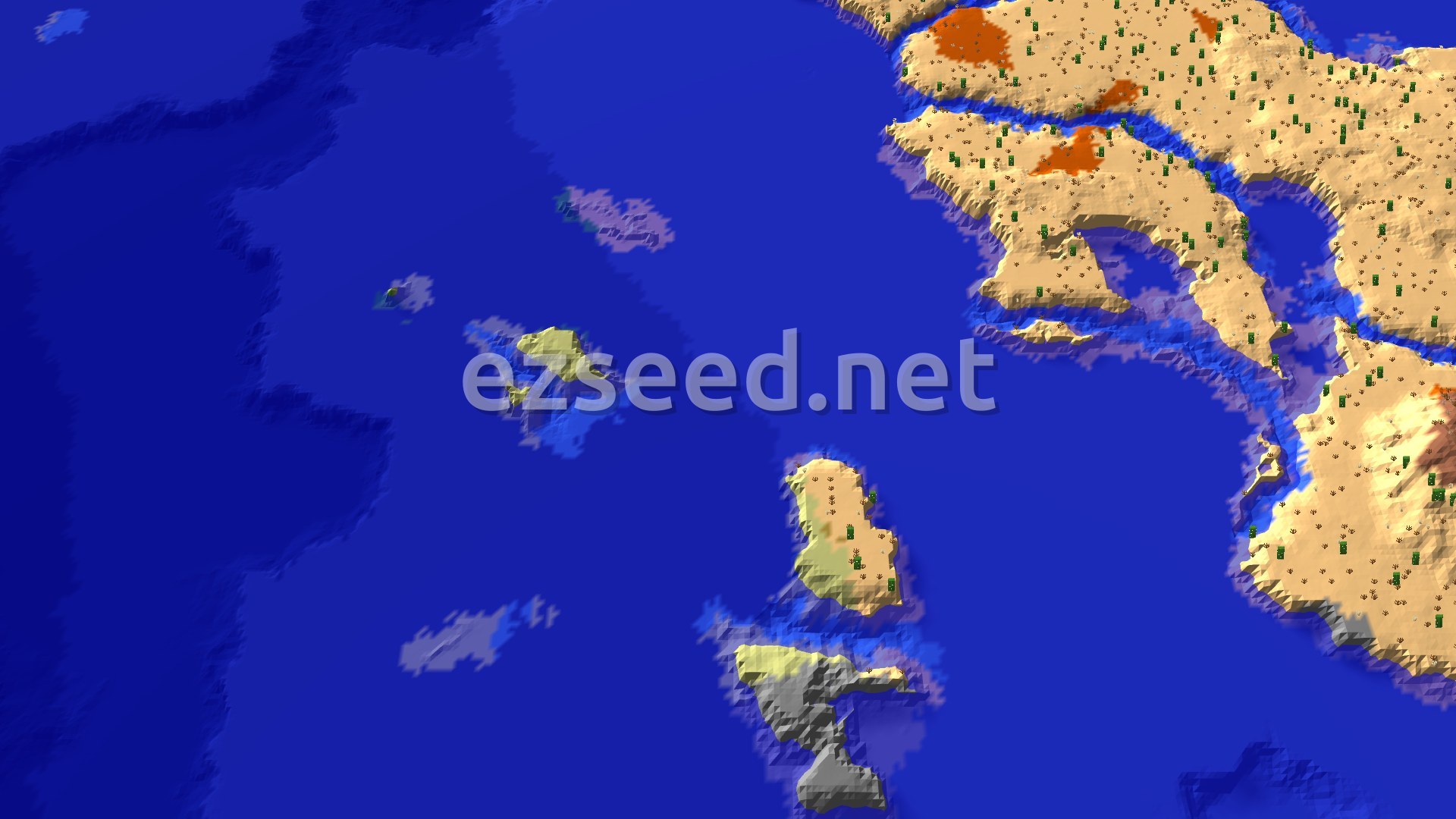 Aerial Minecraft seed map — Savanna Spawn with Coastal Desert and Islands