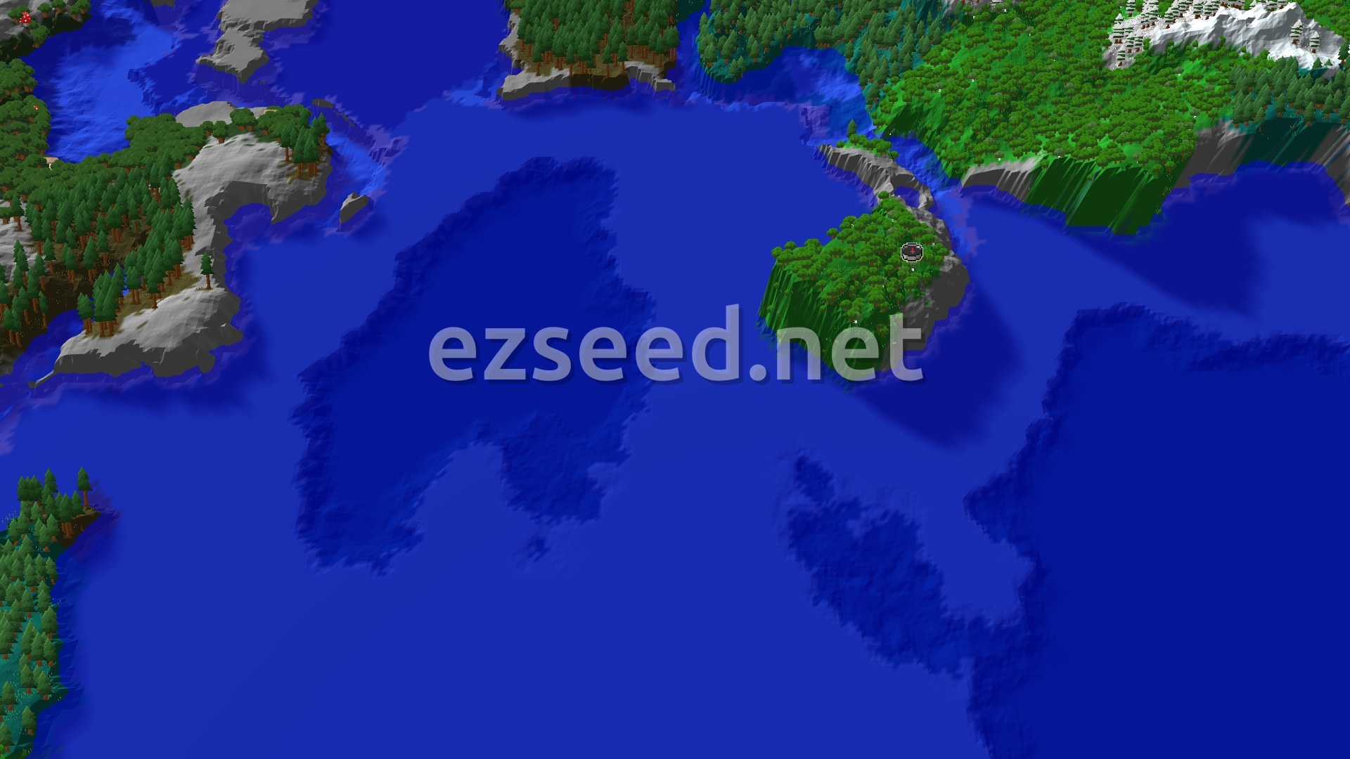 Aerial Minecraft seed map — Mushroom Fields Near Spawn on a Wooded Coast