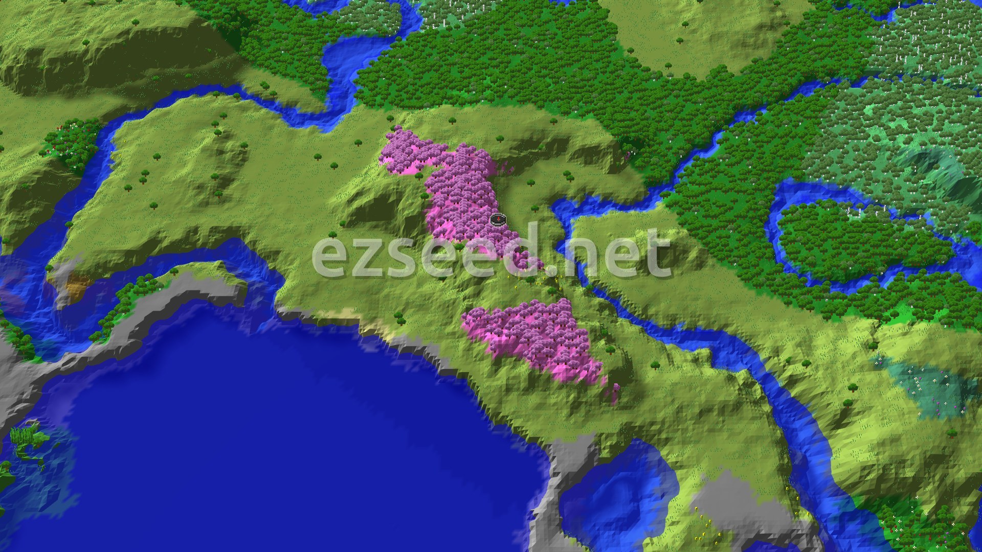 Aerial Minecraft seed map — Cherry Grove Spawn with Nearby Trial Chambers