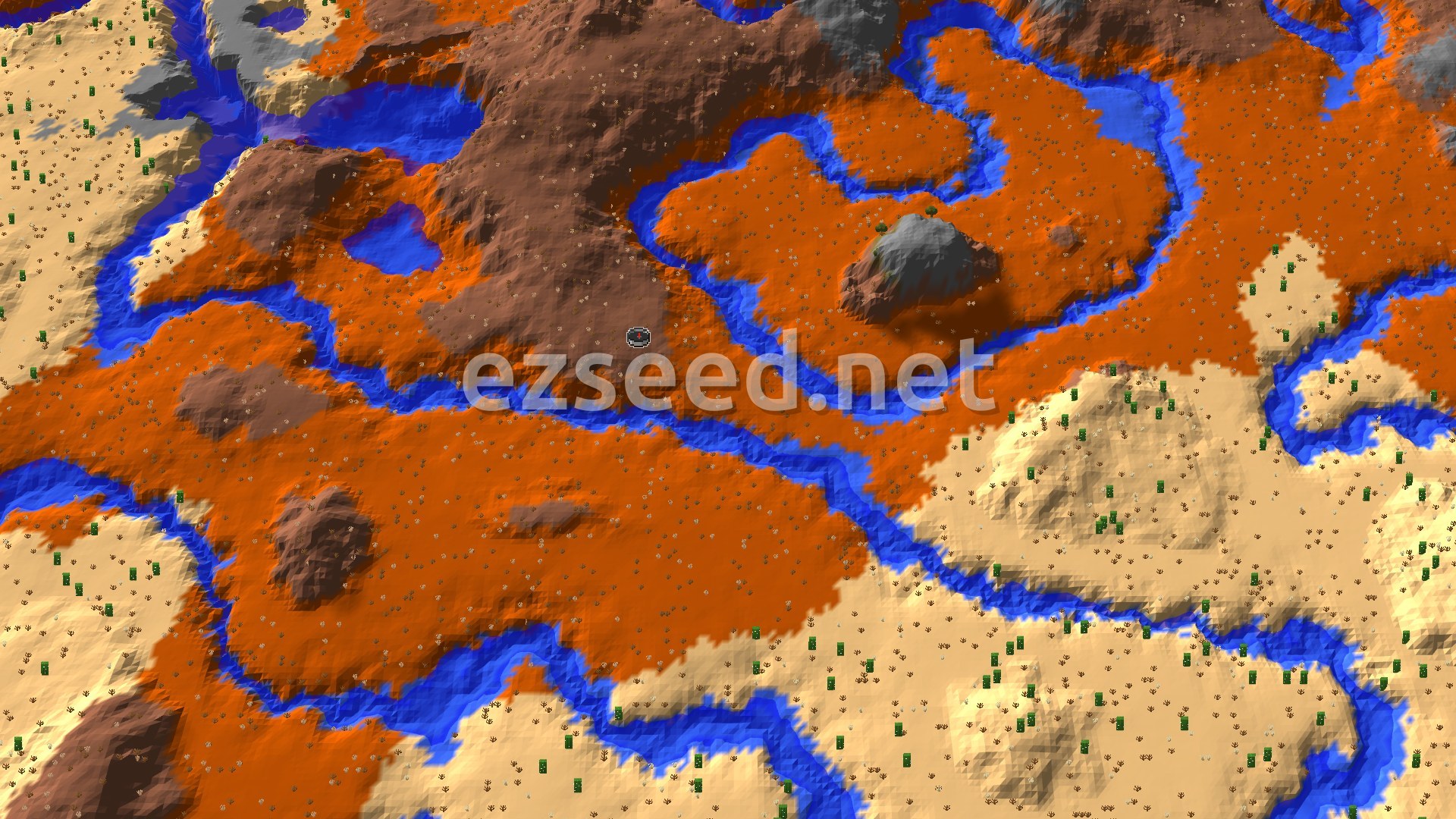 Aerial Minecraft seed map — Badlands and Desert Start with a Nearby Eroded Badlands
