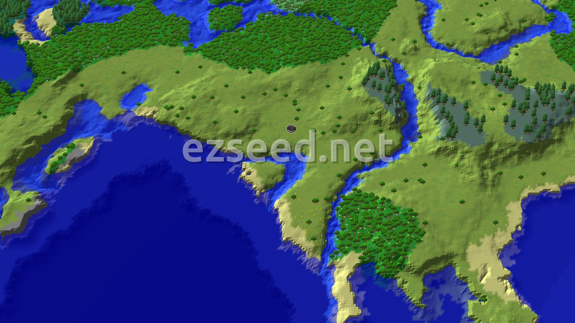 An aerial view of a mostly flat, green landscape with scattered trees, bordered by a large blue ocean and winding rivers. A small spawn marker is visible in the center.