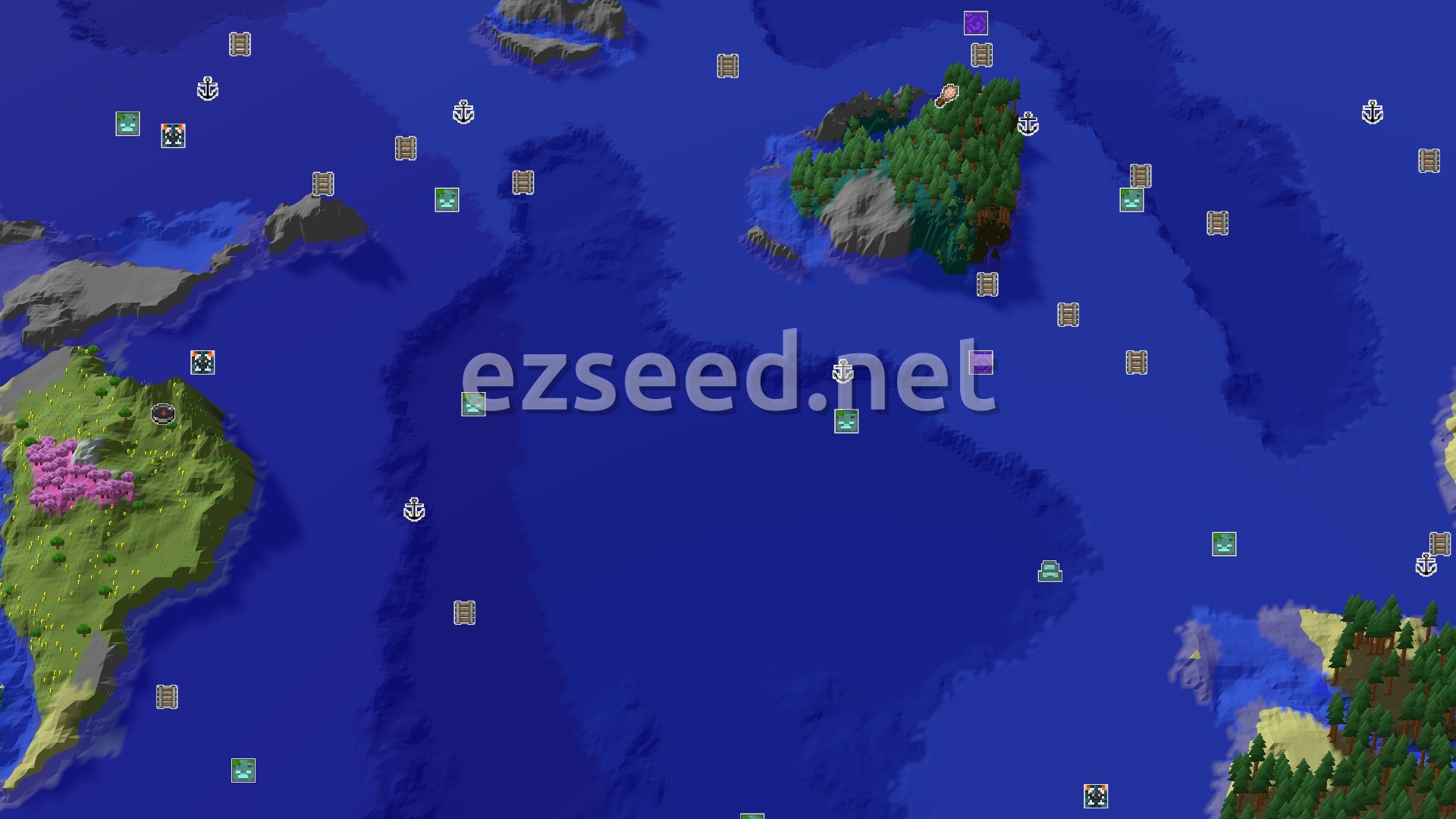 Aerial Minecraft seed map — Trial Chambers a Short Distance From a Sunflower Plains Spawn