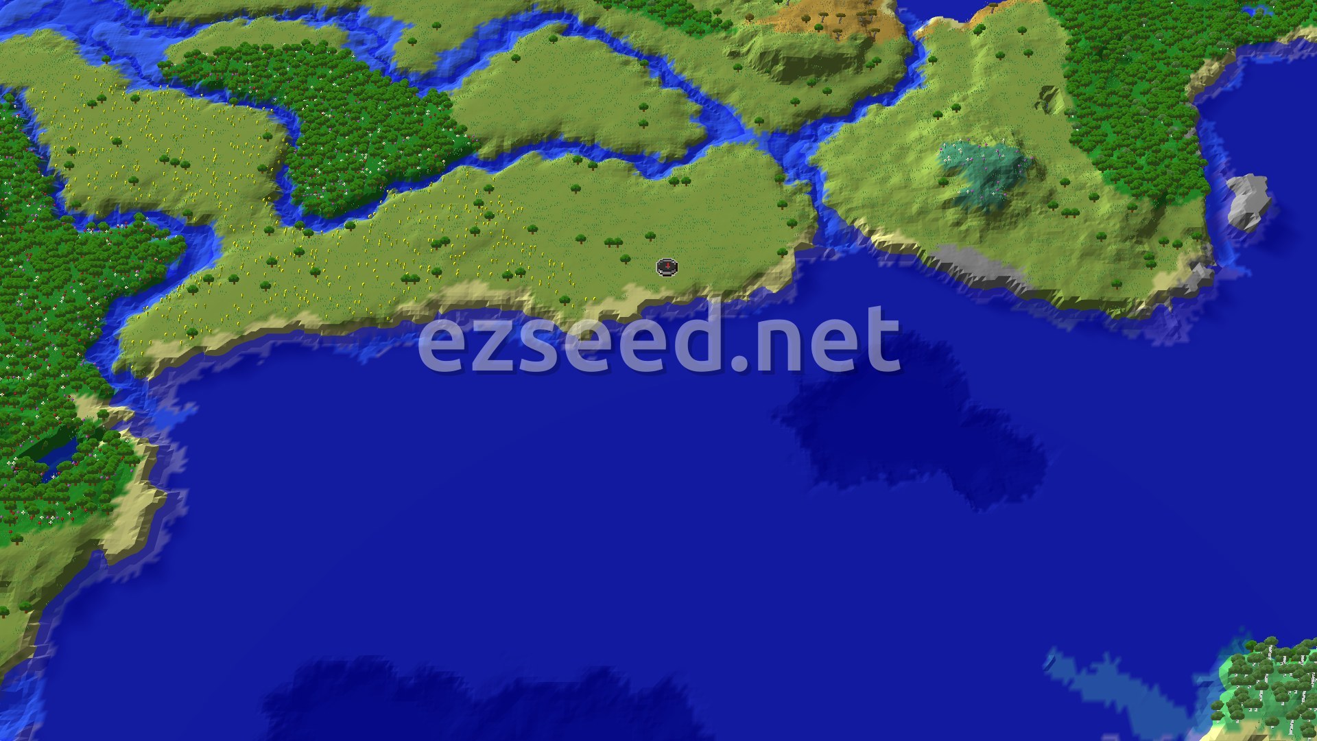 Aerial Minecraft seed map — Coastal Plains Start with Nearby Amethyst and Mineshaft
