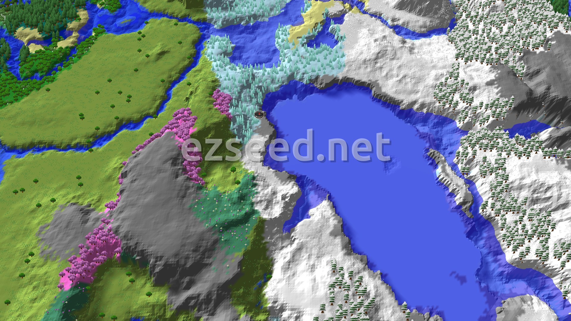 An aerial view showing a spawn marker in a small Ice Spikes biome next to a large frozen ocean, with a Cherry Grove and Snowy Plains nearby.