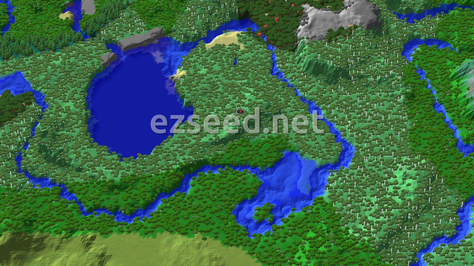 Aerial Minecraft seed map — Birch Forest Spawn with Nearby Ancient City