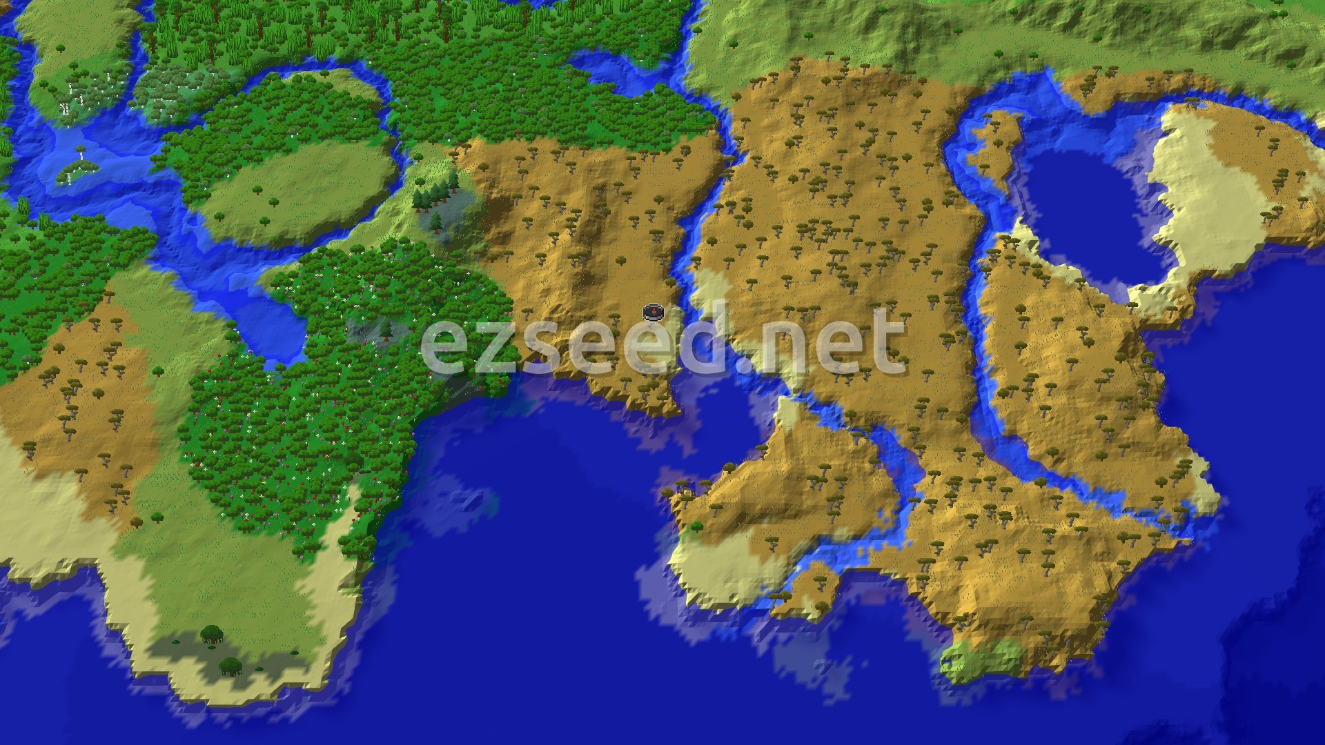 Aerial Minecraft seed map — Savanna Spawn with Flower Forest and River Nearby