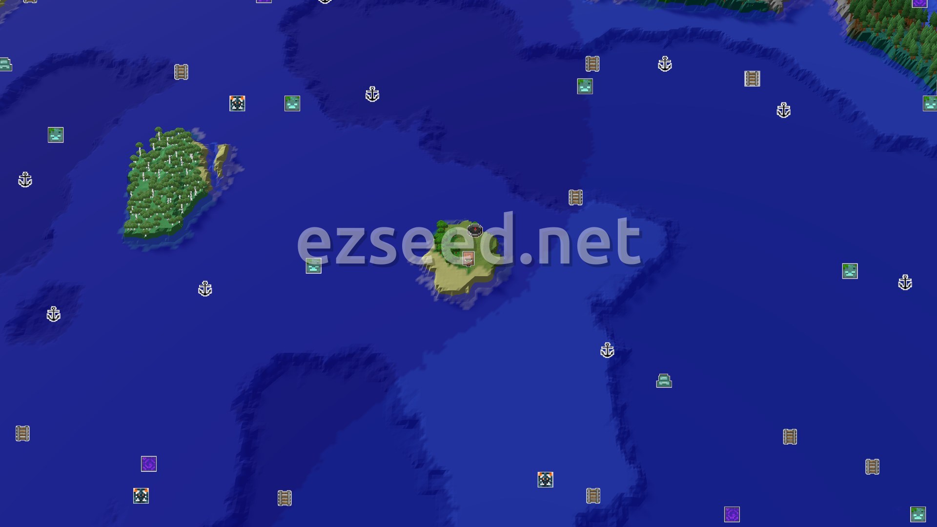 Aerial Minecraft seed map — Ocean Island Start with Nearby Village and Trial Chambers