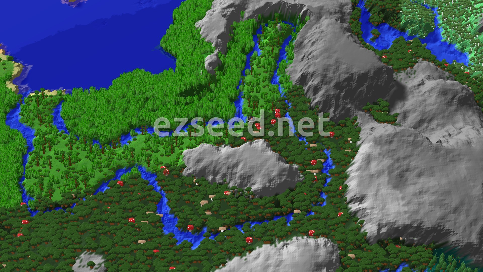 An overhead view of a dark forest biome with large mushrooms and tall trees, flanked by rivers and mountains, with an ocean in the distance.