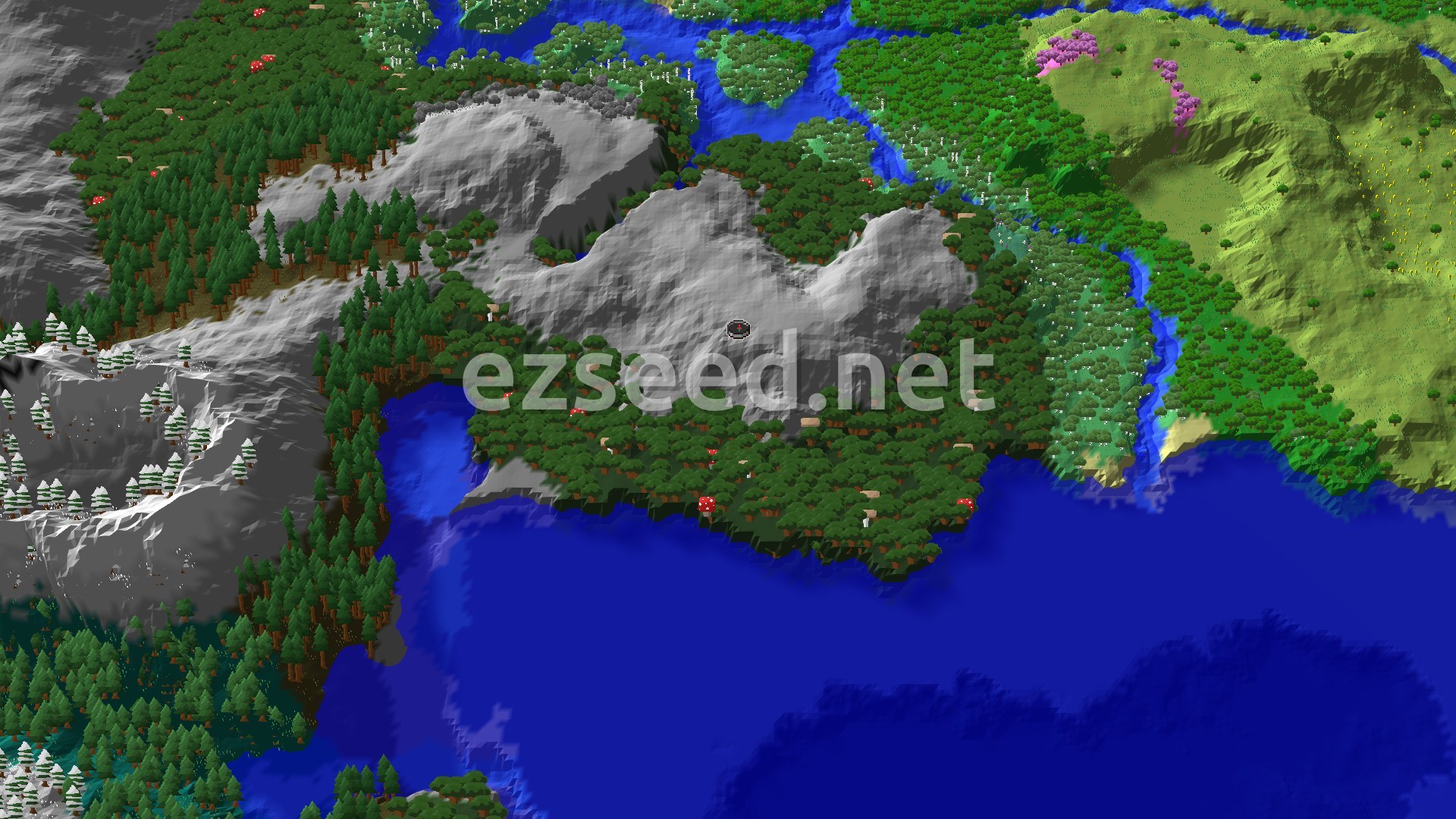 Aerial Minecraft seed map — Woodland Mansion Near Spawn with Deep Dark Below