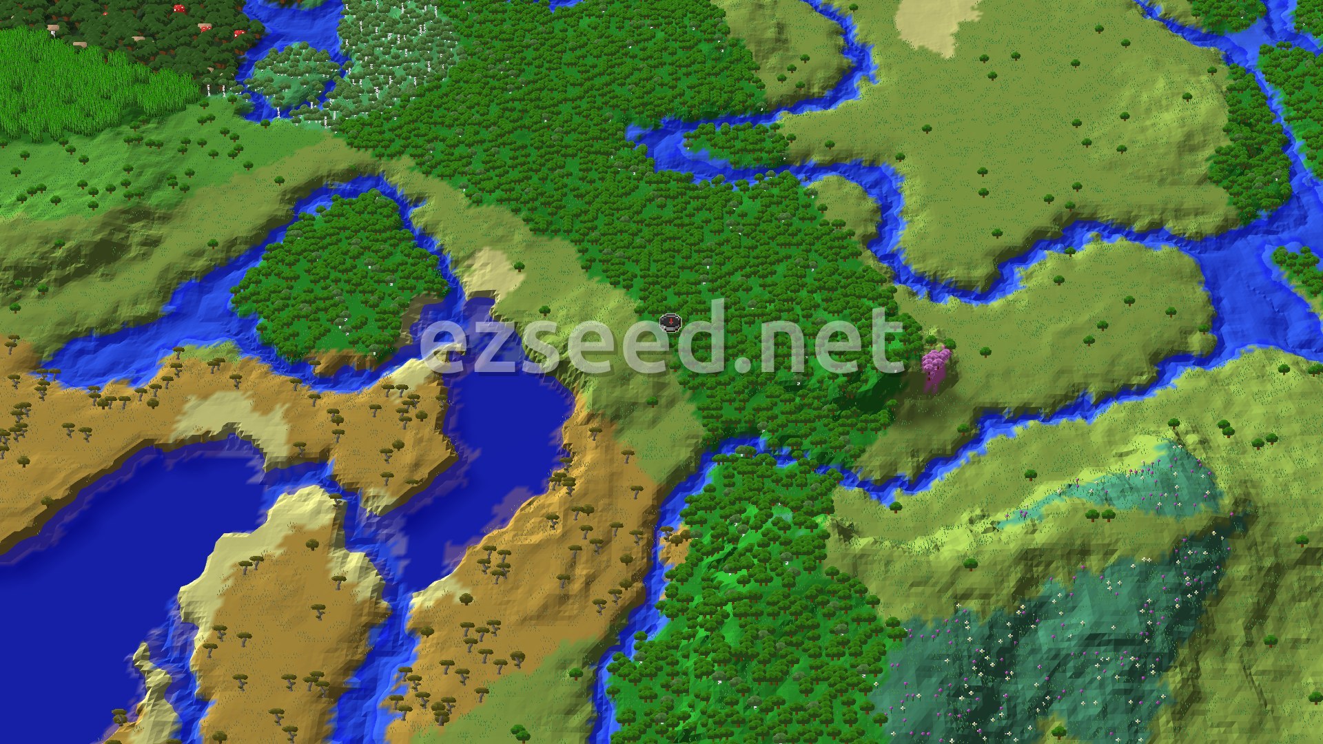 Aerial Minecraft seed map — Forest Spawn with a Near Cherry Grove and Distant Mountains