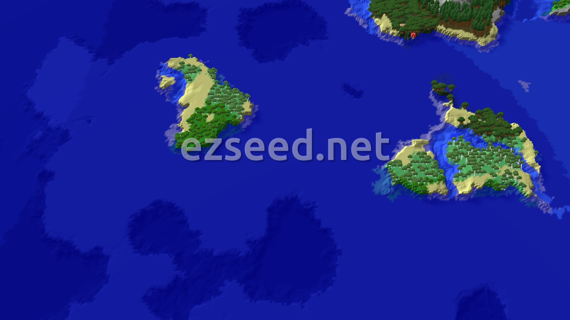 An aerial view of a large jungle island with sandy shores, surrounded by vast blue ocean. Smaller islands and distant landmasses are visible in the background, all heavily forested with various tree types.
