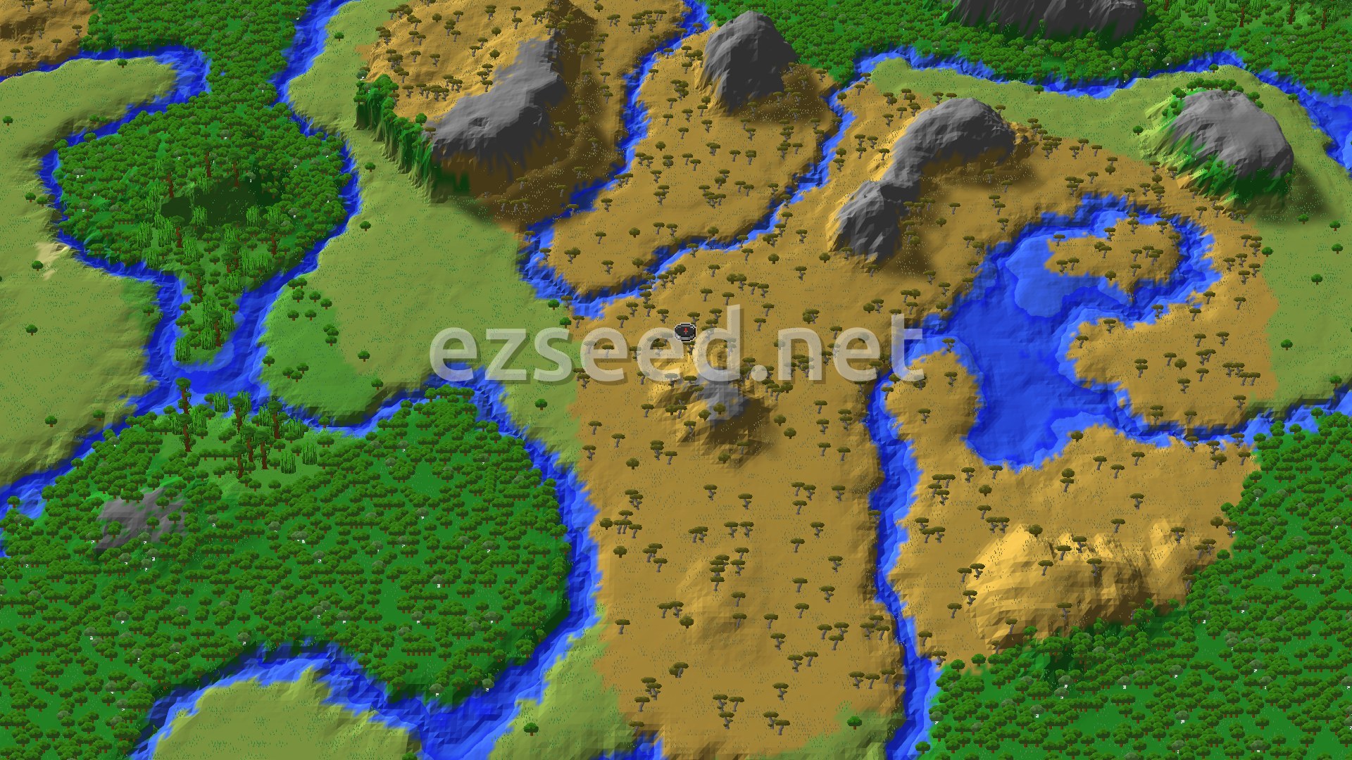 A 3D fly-over render of a Minecraft world shows a mix of savanna and forest biomes, with rivers winding through the landscape and several large, rocky hills visible. A small marker indicates the spawn point in the savanna.